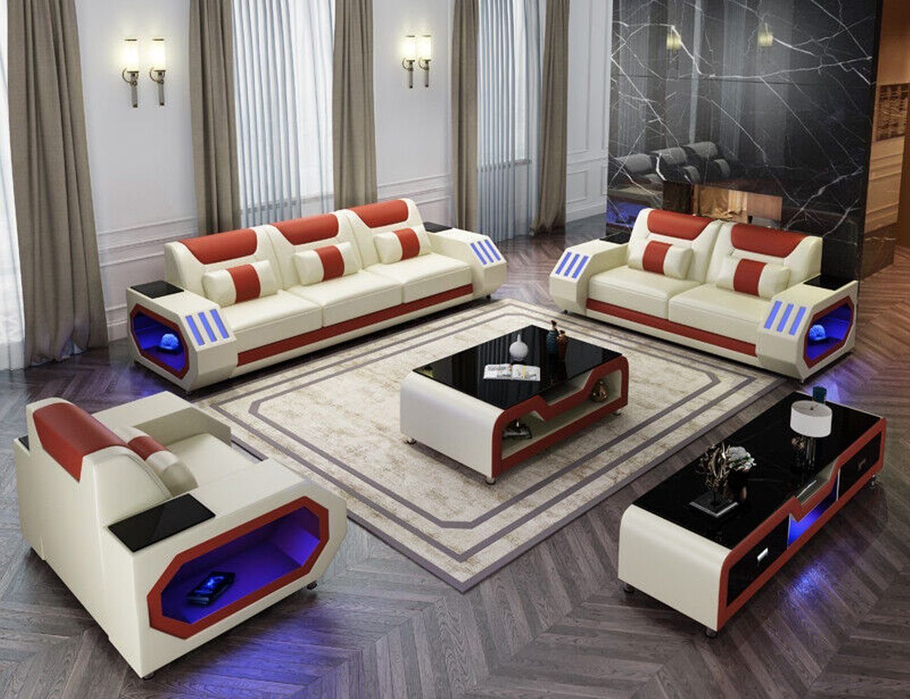 Couch Wohnzimmer-Set Polster Sitzer Sofa Sofagarnitur Leder (3-St) JVmoebel Beige/Braun Garnitur 3+2+1 Set G8046D,