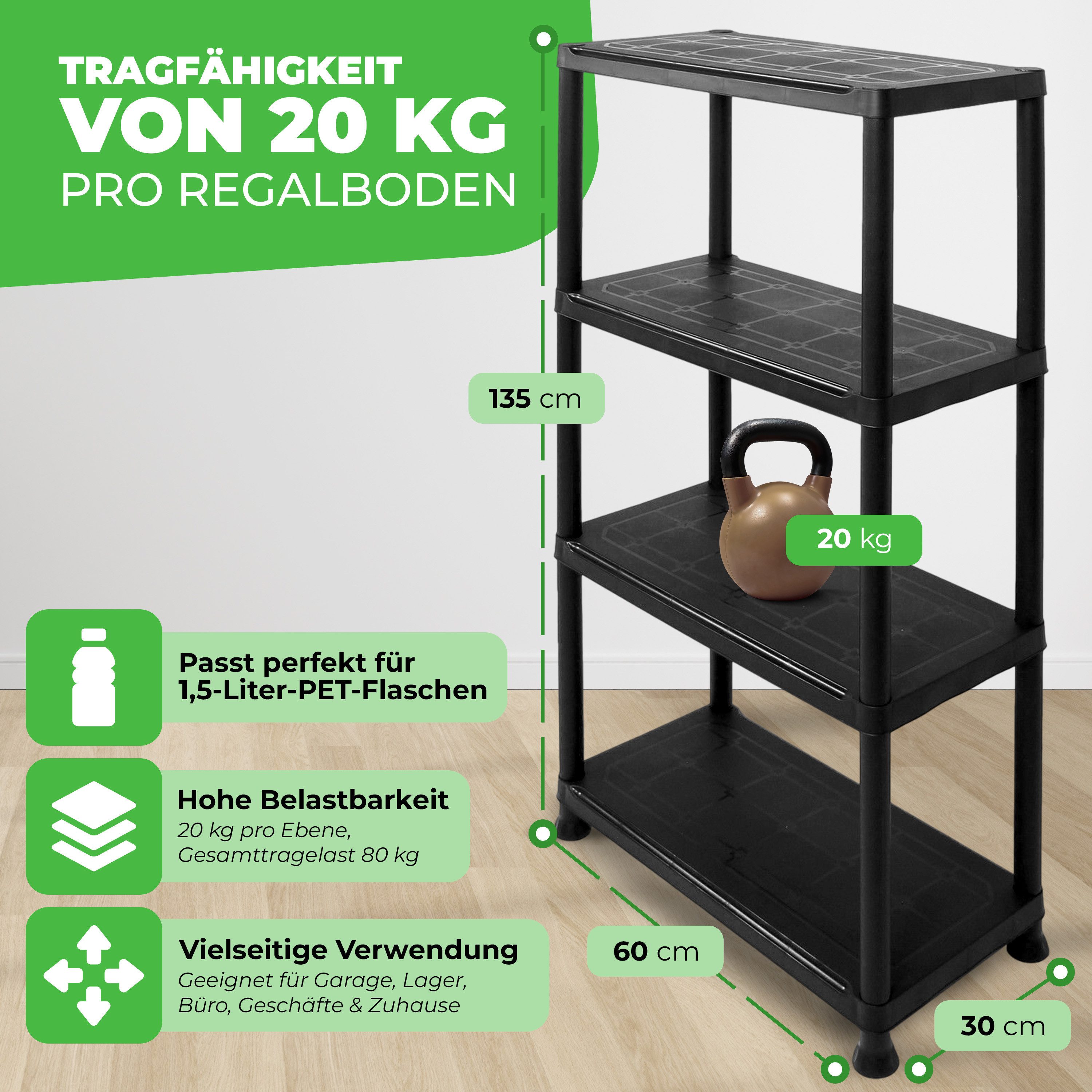 ONDIS24 Steckregal 2x Kunststoffregal, 60 x 30 x 131 (H) cm, 4 Böden, Schwerlastregal, bis zu 80 kg, Regal, Lagerregal - Doppelpack