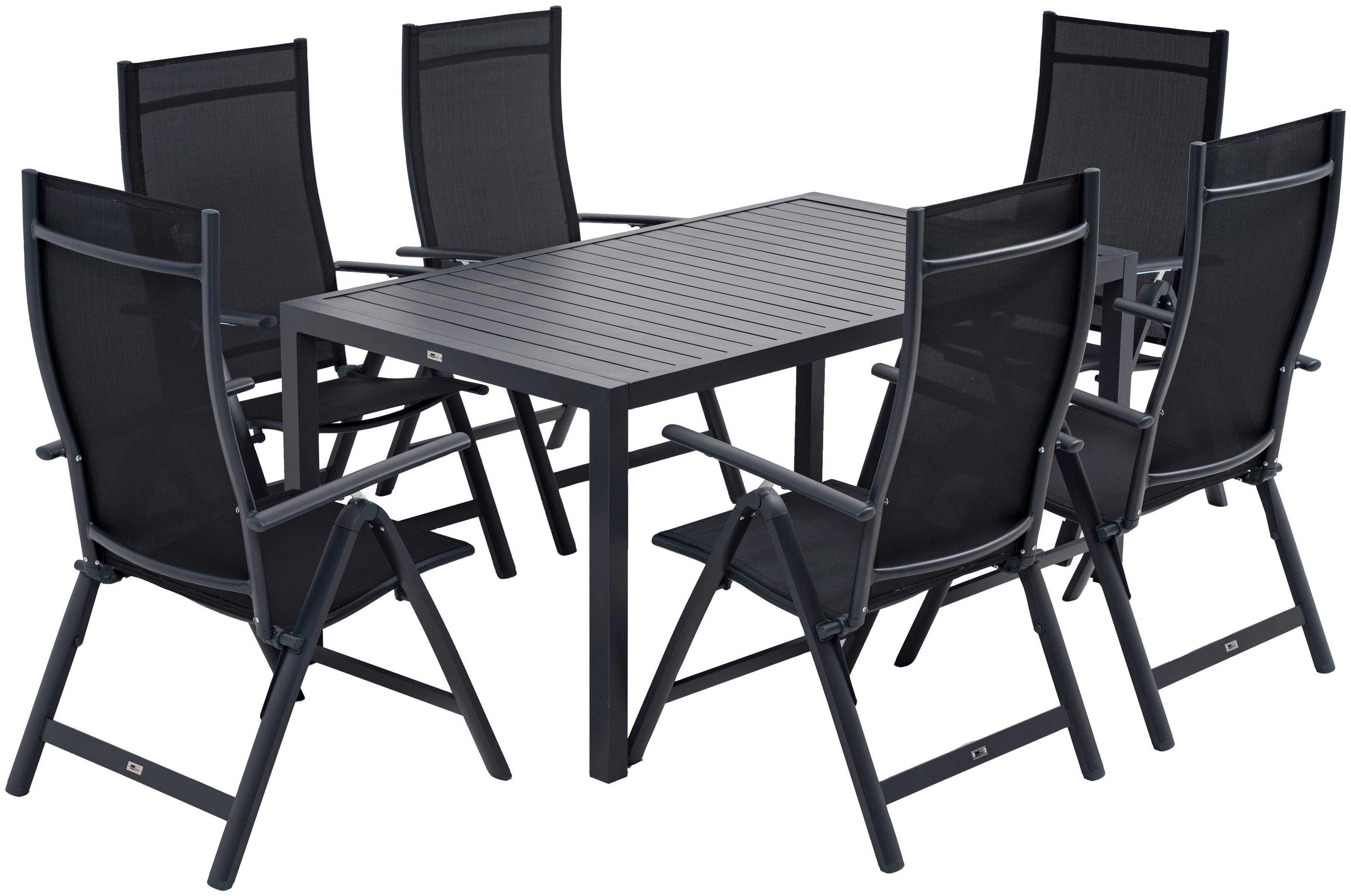 KONIFERA Garten-Essgruppe Messina, (Set, 7-tlg., 6x Sessel, 1x Tisch 160x90x74 cm, Aluminium, Textilgewebe), klappbar, 7-fach verstellbare Rückenlehne, Tischplatte aus Alulatten