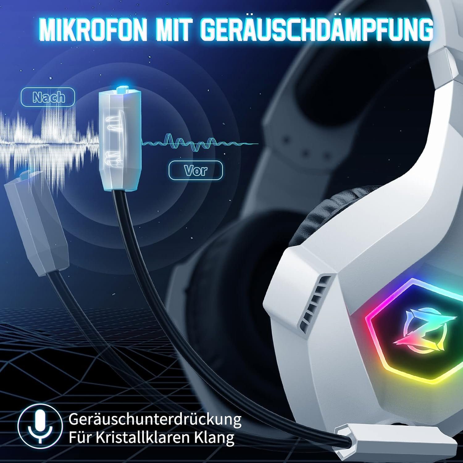 3D Sound, Mit ozeino mit Sound Lichter) Gaming-Headset RGB Cancelling Headset Noise (3D Surround Mikrofon Surround Kabel,
