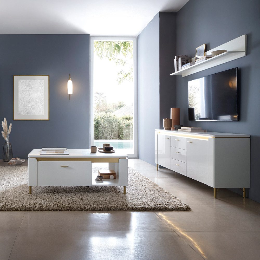Lomadox Wohnzimmer-Set LUKA-129, (Mega-Spar-Set, 3-St., Lowboard Wandregal Couchtisch), weiß mit goldfarbenen Akzenten