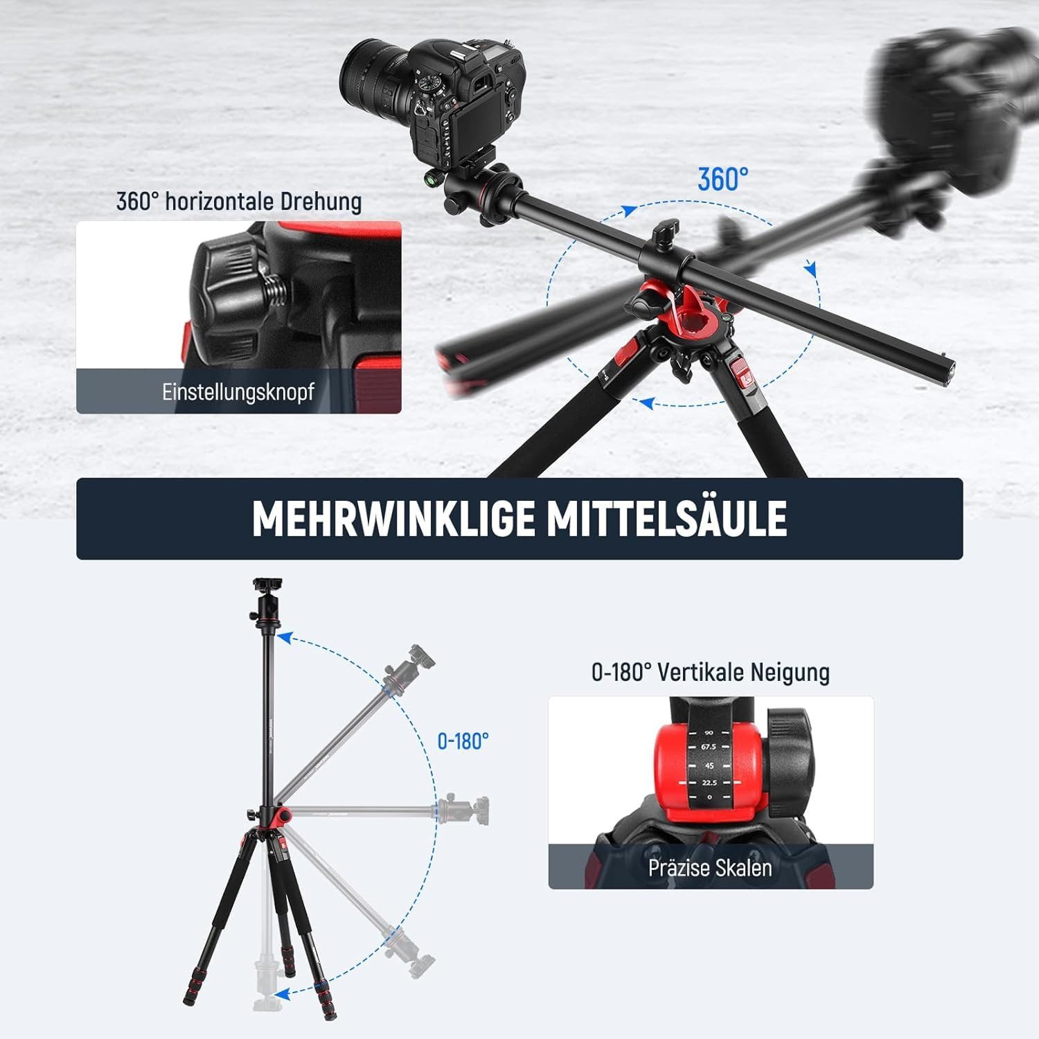 Neewer N284+G0 184cm Einbeinstativ, mit Mittelsäule und Kugelkopf Aluminium Kamerastativ (Höhenverstellbar 65-184 cm, Arca QR Platte, maximale Belastung 15kg)