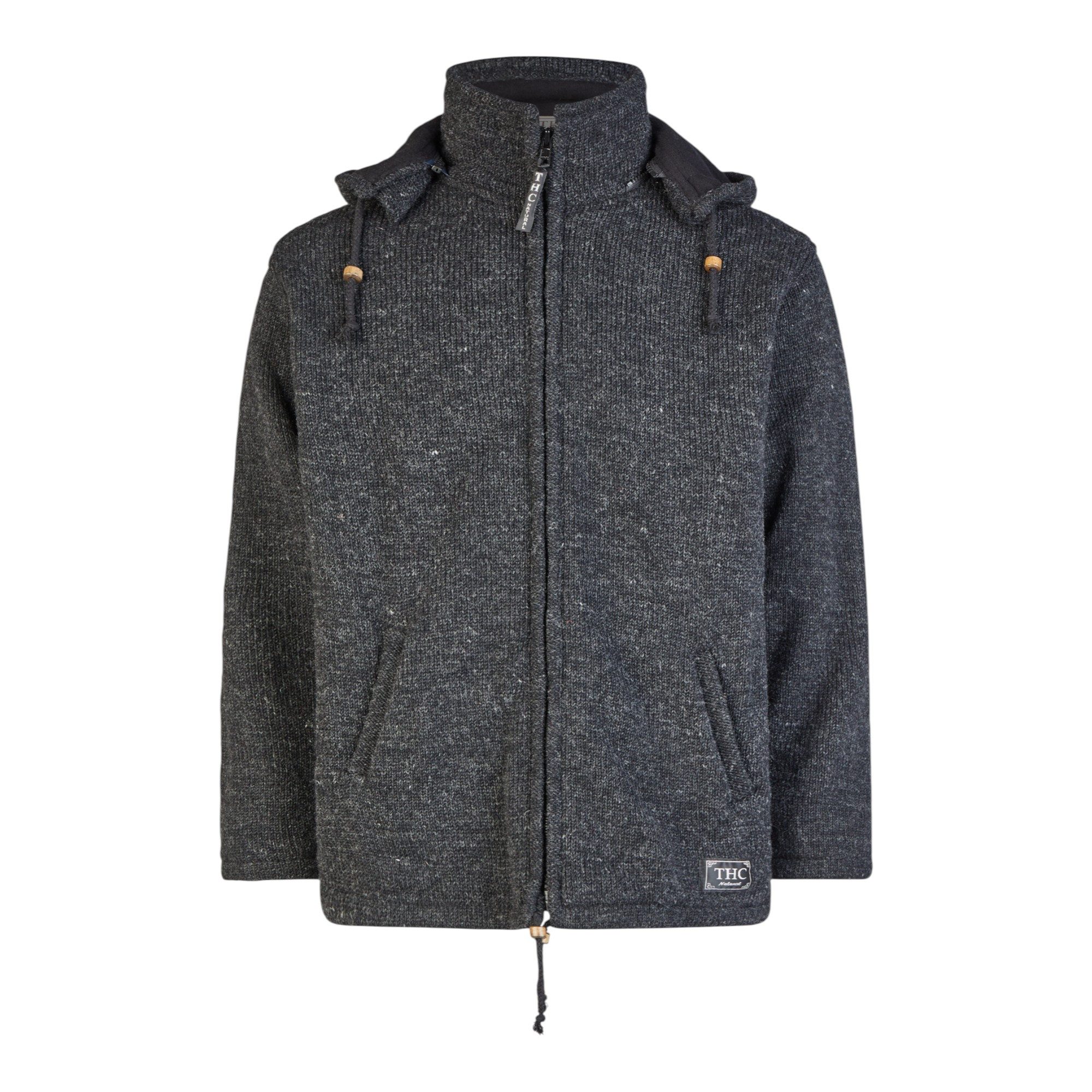 THC Natural Line Kapuzenstrickjacke THC Schafwollstrickjacke Baumwollfutter 859 schwarz (1 Stück, 1-tlg., 1 Stück) mit abnehmbarer Kapuze