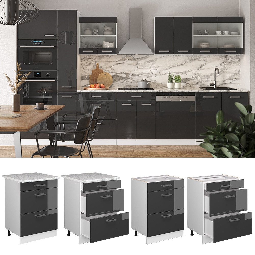 Vicco Unterschrank R-Line Anthrazit Hochglanz/Weiß 60 mit Schubladen ohne Arbeitsplatte (1-St)