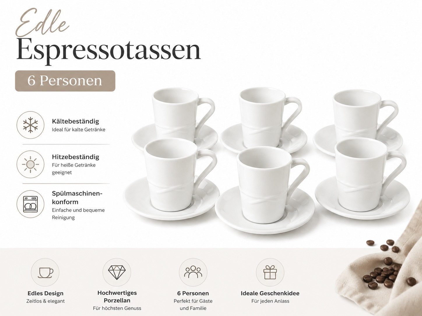 Kütahya Porzellan Espressotasse Edles 12-teiliges Espressotassen-Set aus Porzellan mit Schleifenmotiv, 12-tlg., Porzellan, 6 Personen, Spülmaschinenkomform, Mokkatassen, Weiß