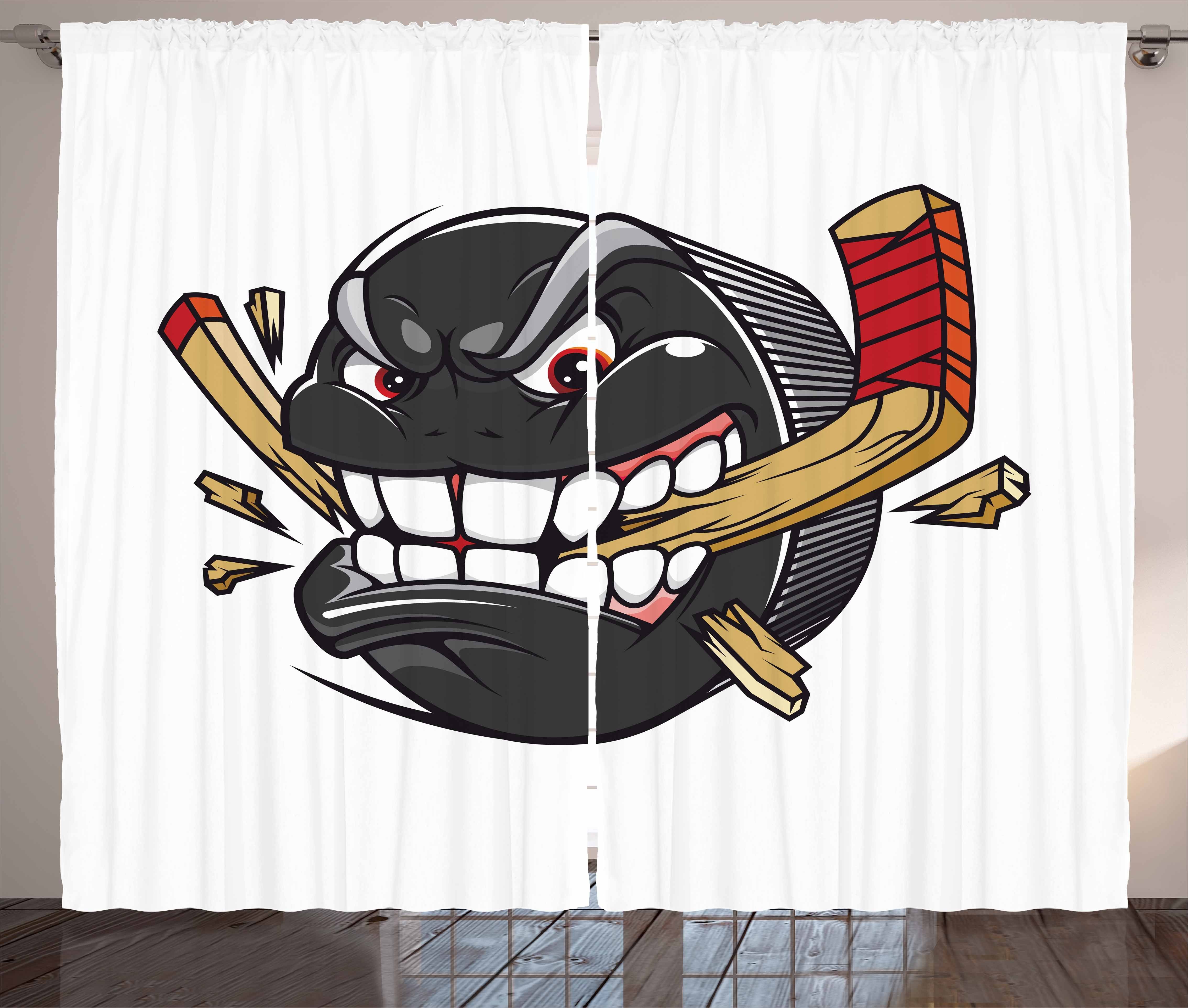 Gardine Schlafzimmer Kräuselband Vorhang mit Schlaufen und Haken, Abakuhaus, Eishockey Cartoon Puck Bites-Stick