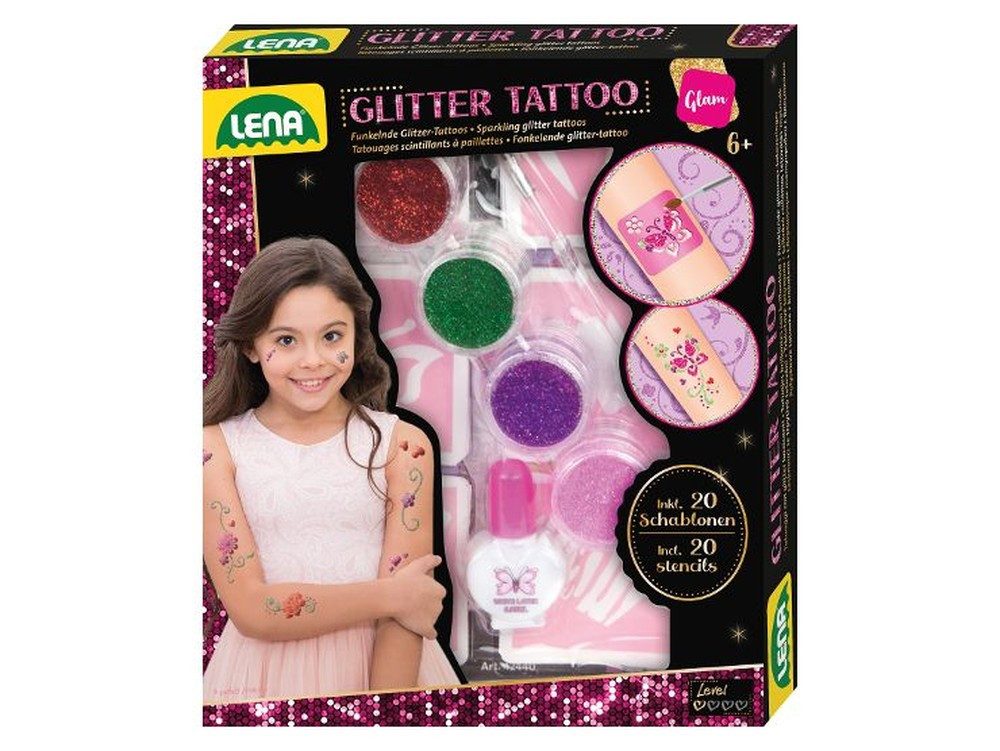 SIMM Spielwaren Spiel Glitter Tattoo Set mit 4 Farben und 20 Schablonen