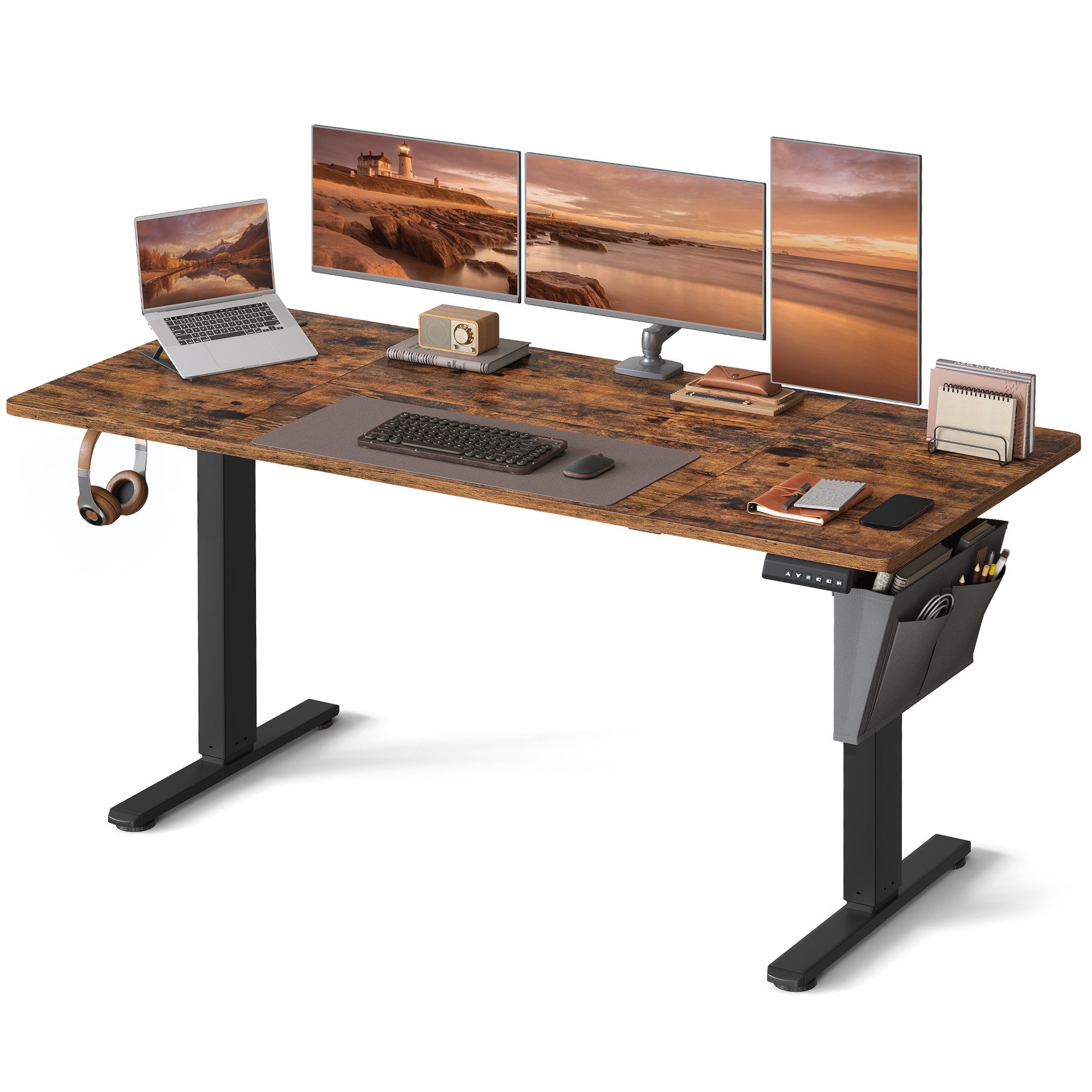 SONGMICS Schreibtisch Höhenverstellbarer elektrisch, 120/140/160/180 cm, Memory-Funktion für 4 Höhen, mit Stoff-Organizer