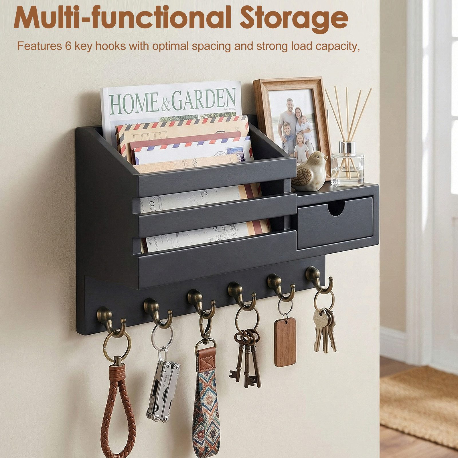 BlingBin Schlüsselbrett Schlüsselablage mit 6 Haken und Aufbewahrungsschublade, Wandregal, (1er Set, 1 St., Produktabmessungen: 18 x 10 x 30 cm), Wand Schlüsselhaken für Eingang Wohnzimmer Flur Büro, Schwarz