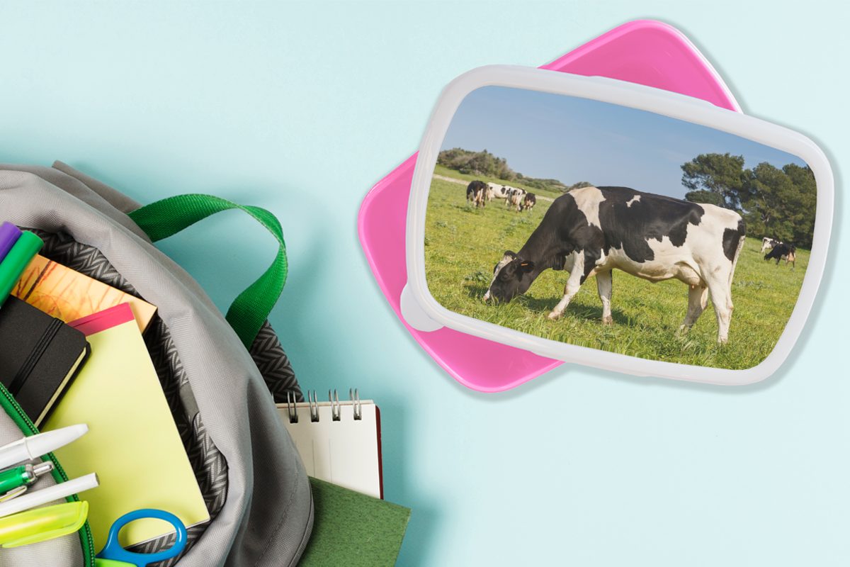 MuchoWow Snackbox, Mädchen, (2-tlg), Lunchbox Kunststoff, - Brotbox Kunststoff Wald, Brotdose - Erwachsene, - rosa Kinder, für Tiere Kuh Gras
