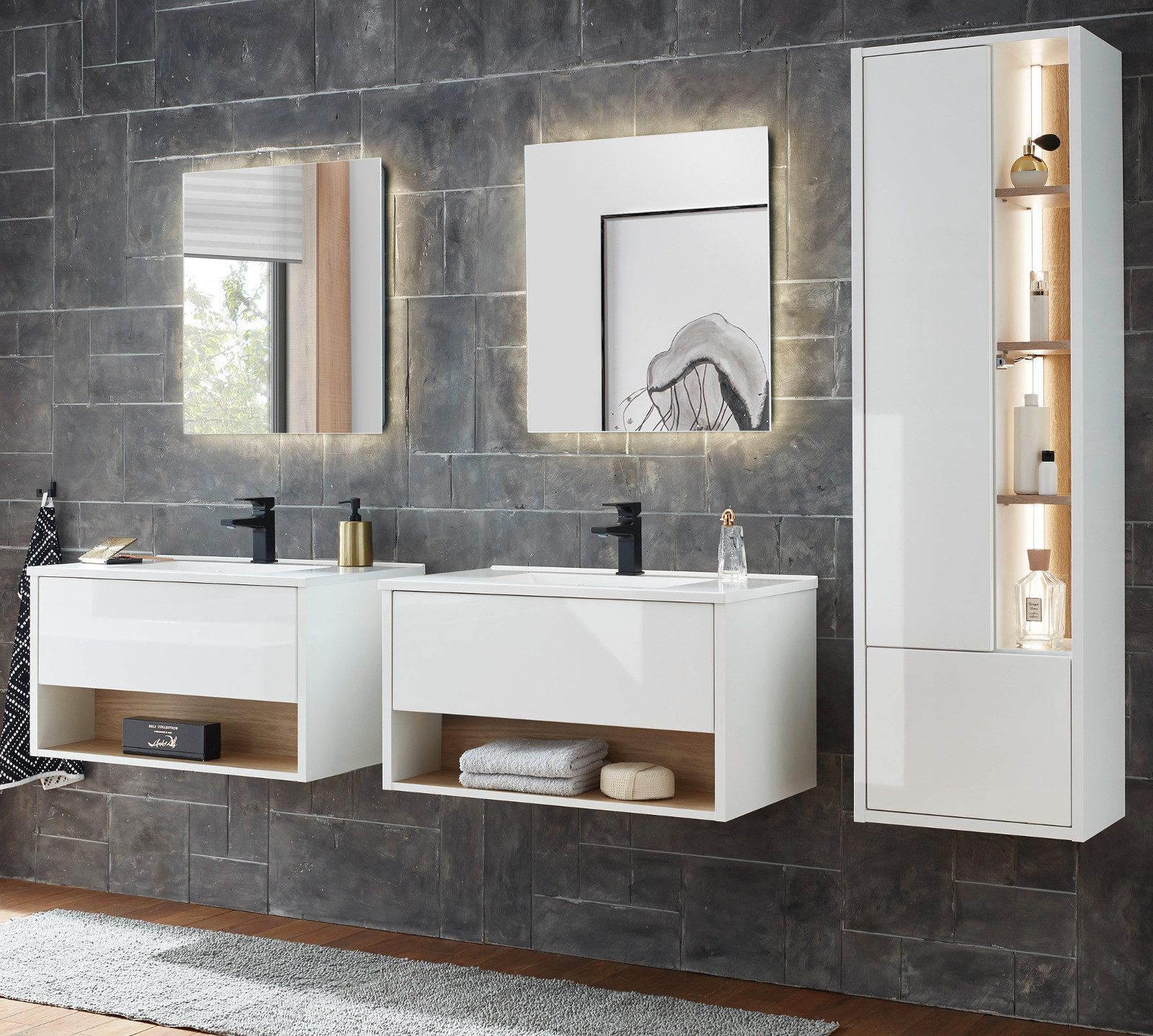 Furn.Design Hochschrank Glide (Bad Hängeschrank weiß Hochglanz mit Eiche, 2-türig, 45 x 150 cm) Push-To-Open-Funktion, inklusive Beleuchtung