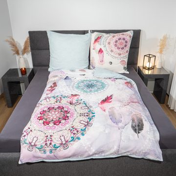Bettwäsche Comfort Baumwolle, Traumschloss, Flanell, 2 teilig, pastellfarbende Mandalas und Federn