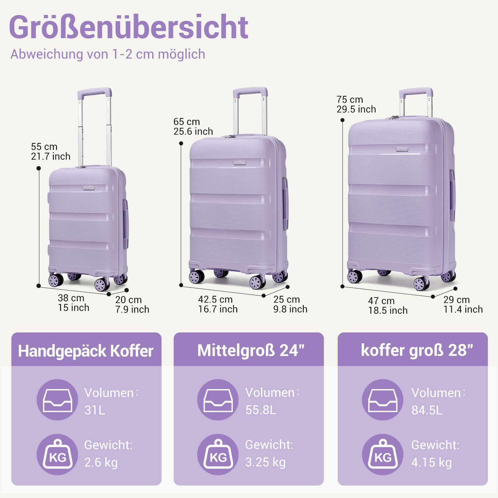 KONO Koffer Leichter PP-Reisekoffer mit 4 multidirektionalen Rollen & TSA-Schloss – Bild 2 von 5