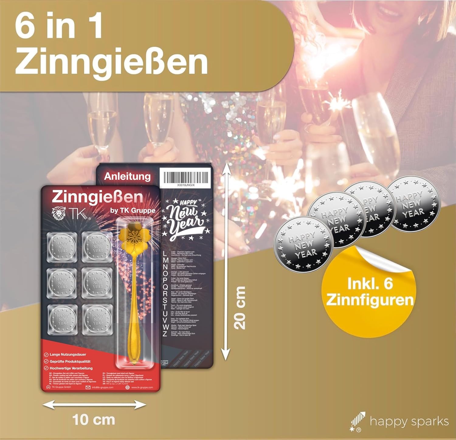 happy sparks® Spiel 7er Zinngießen mit Zinn Giessen wie Bleigießen Feuerwerk 2025