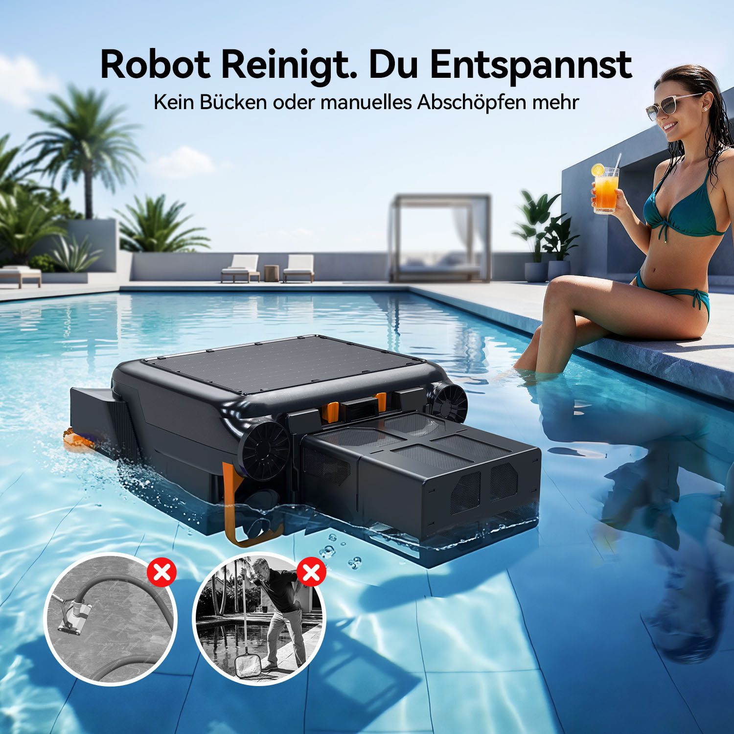 redroad Poolroboter 2026 Solar Skimmer Roboter Poolreiniger Akku Selbstparkend bis 300m², 6900mAh/6L/180μm/IPX8/Solar Skimmer Roboter Poolreiniger