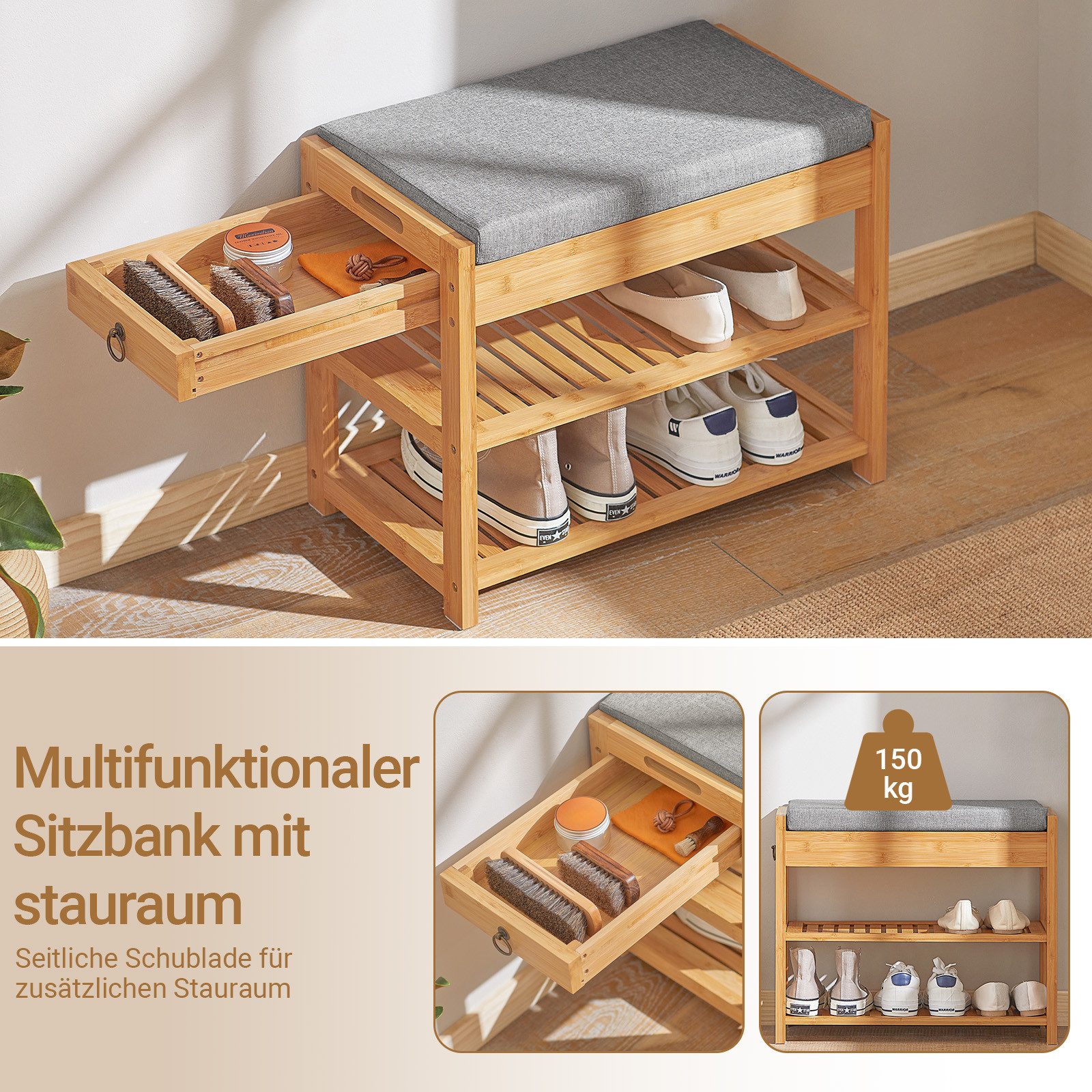 SoBuy Sitzbank FSR47, Schuhbank mit Sitzfläche Garderobenbank Schuhregal Sitzbank Bambus