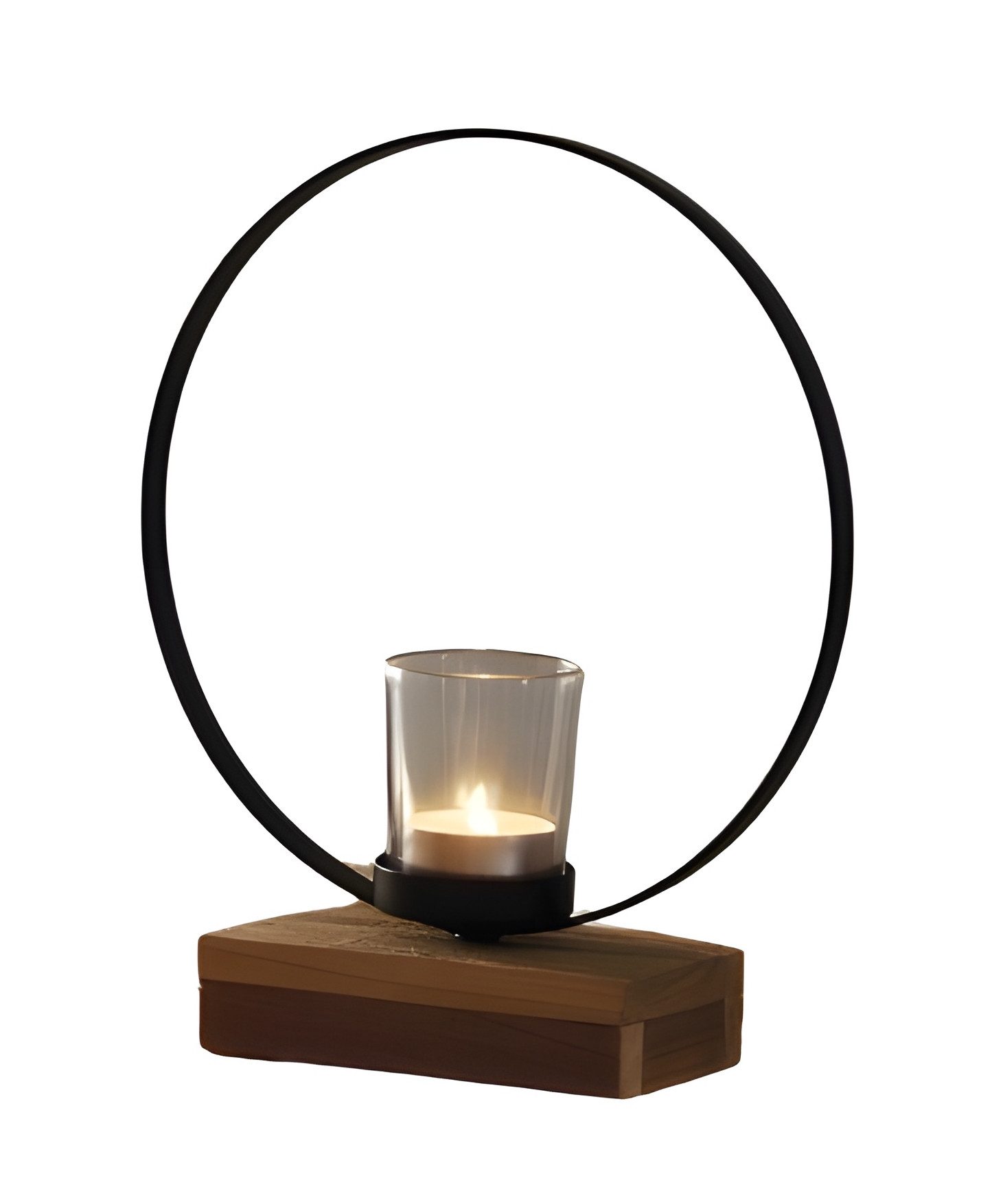 Windlicht "Ringe" aus Metall schwarz mit Sockel aus recyceltem Holz für 1 oder 3