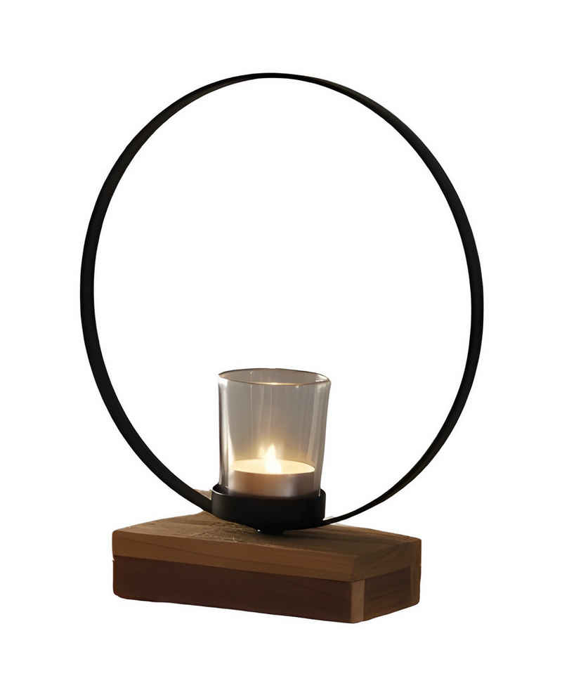 Dekoleidenschaft Windlicht "Ringe" aus Metall schwarz mit Sockel aus recyceltem Holz für 1 oder 3, Teelichter, Teelichtglas, Teelichthalter, Windlichtglas, Kerzenhalter