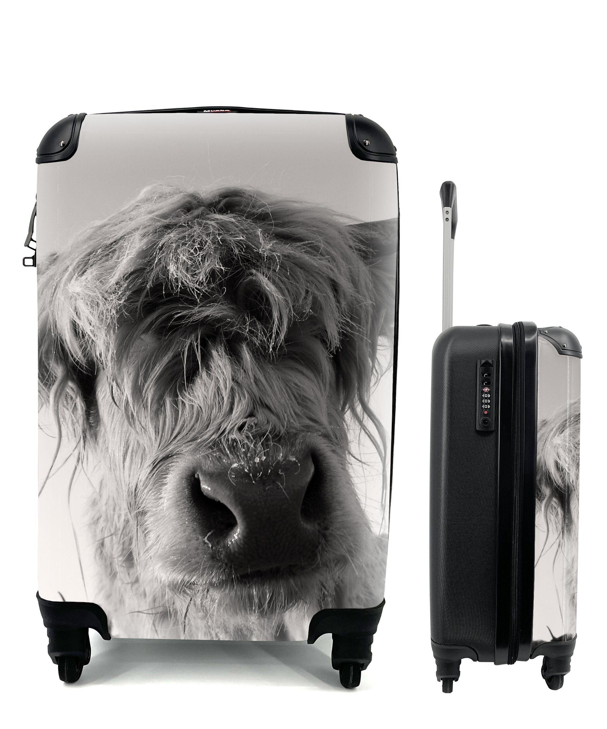 Trolley, für - rollen, 4 Reisetasche Reisekoffer Weiß mit Schottischer Handgepäckkoffer - - Rollen, Highlander Handgepäck Tiere, Ferien, Schwarz MuchoWow