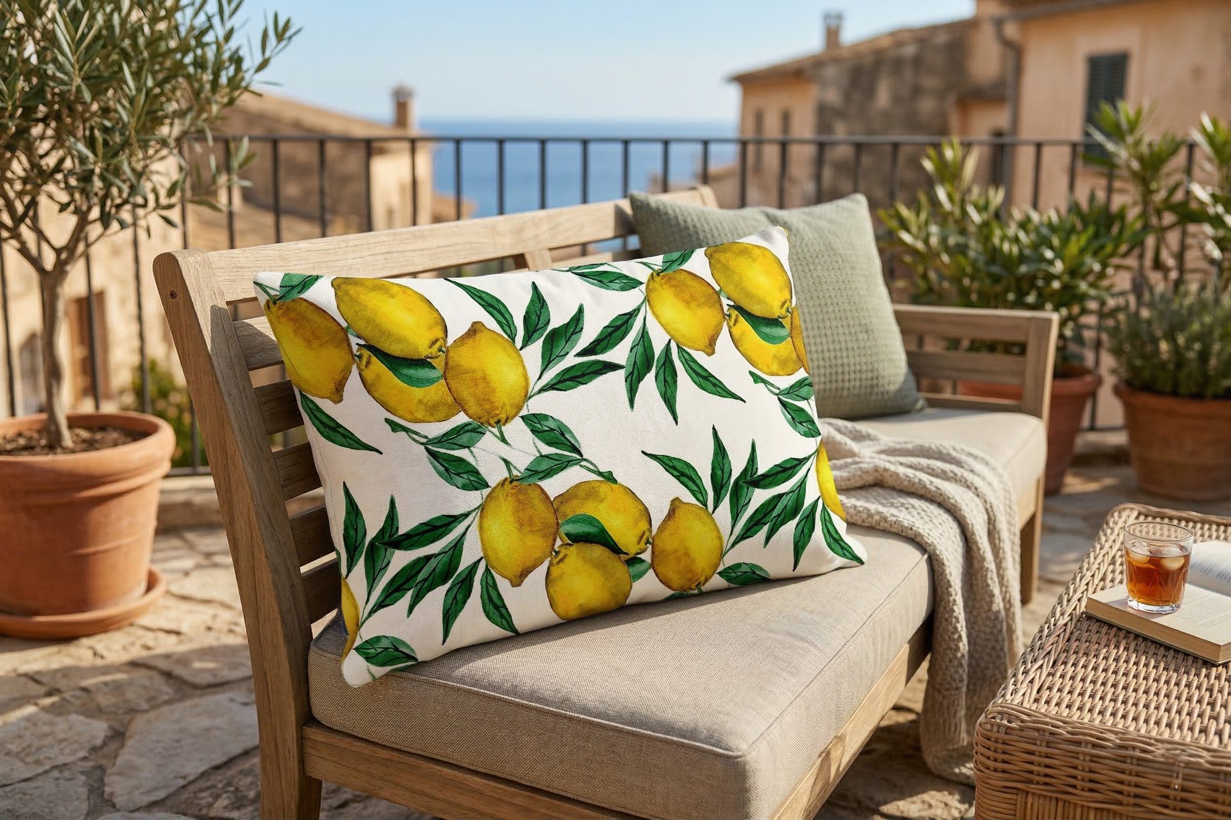 queence Kissenhülle für den Balkon / für die Terrasse Dekokissen Outdoor Zitronen 60x40cm, Sonnengelbe Zitronen Zitrone Kissenhülle für Draußen