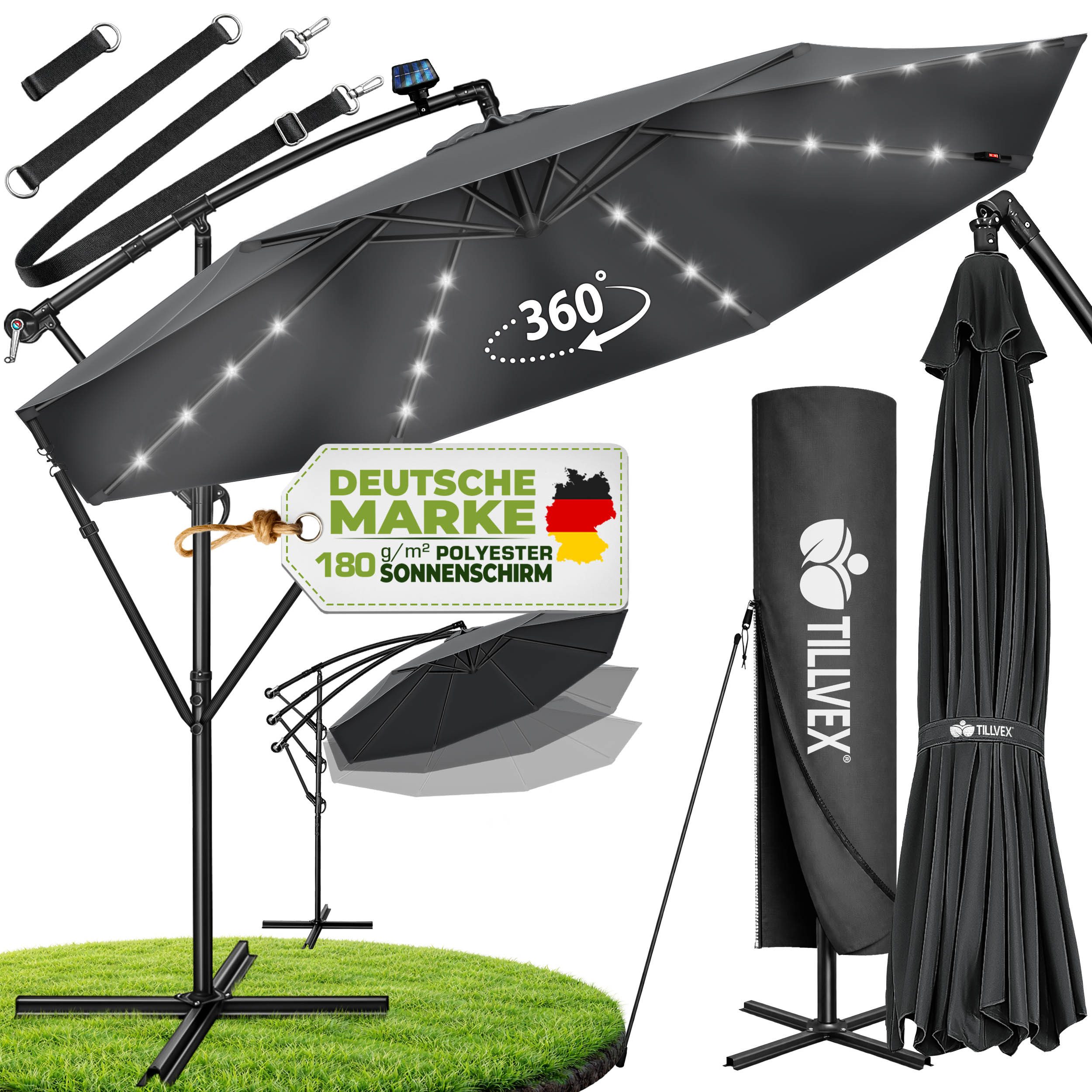 tillvex Sonnenschirm tillvex® Sonnenschirm LED Solar Ø 3m Ampelschirm Balkon Gartenschirm, Alu Ampelschirm + Abdeckung LED Solar Ø 350 cm mit Kurbel, Abdeckung + Ständer, Gartenschirm UV-Schutz Aluminium, Kurbelschirm Marktschirm wasserdicht 360° drehbar