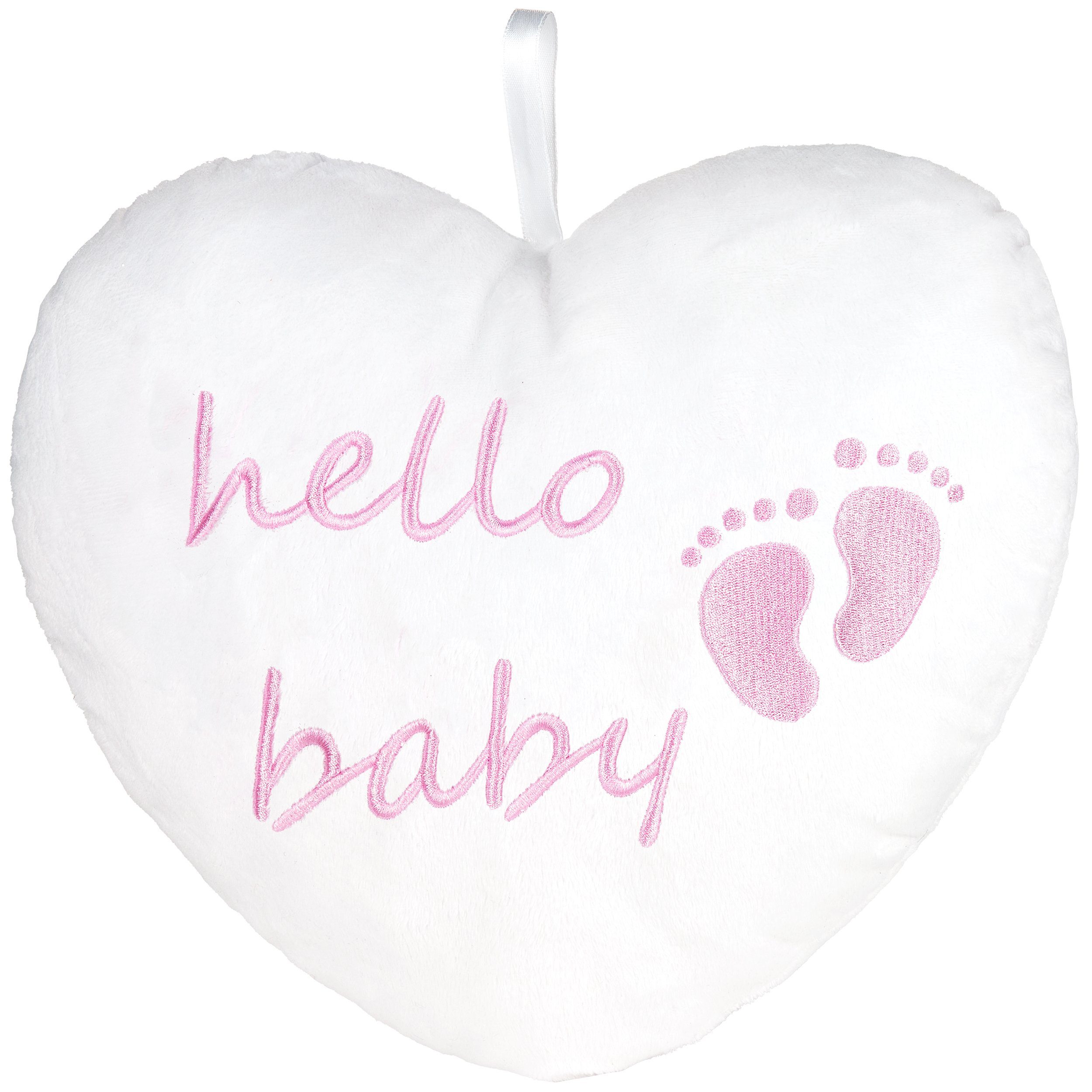 BRUBAKER Dekokissen Plüschherz Hello Baby 25 cm - Babyparty Geschenk zur Geburt, Zierkissen Herz aus Plüsch - Babyzimmer Deko - Kissen