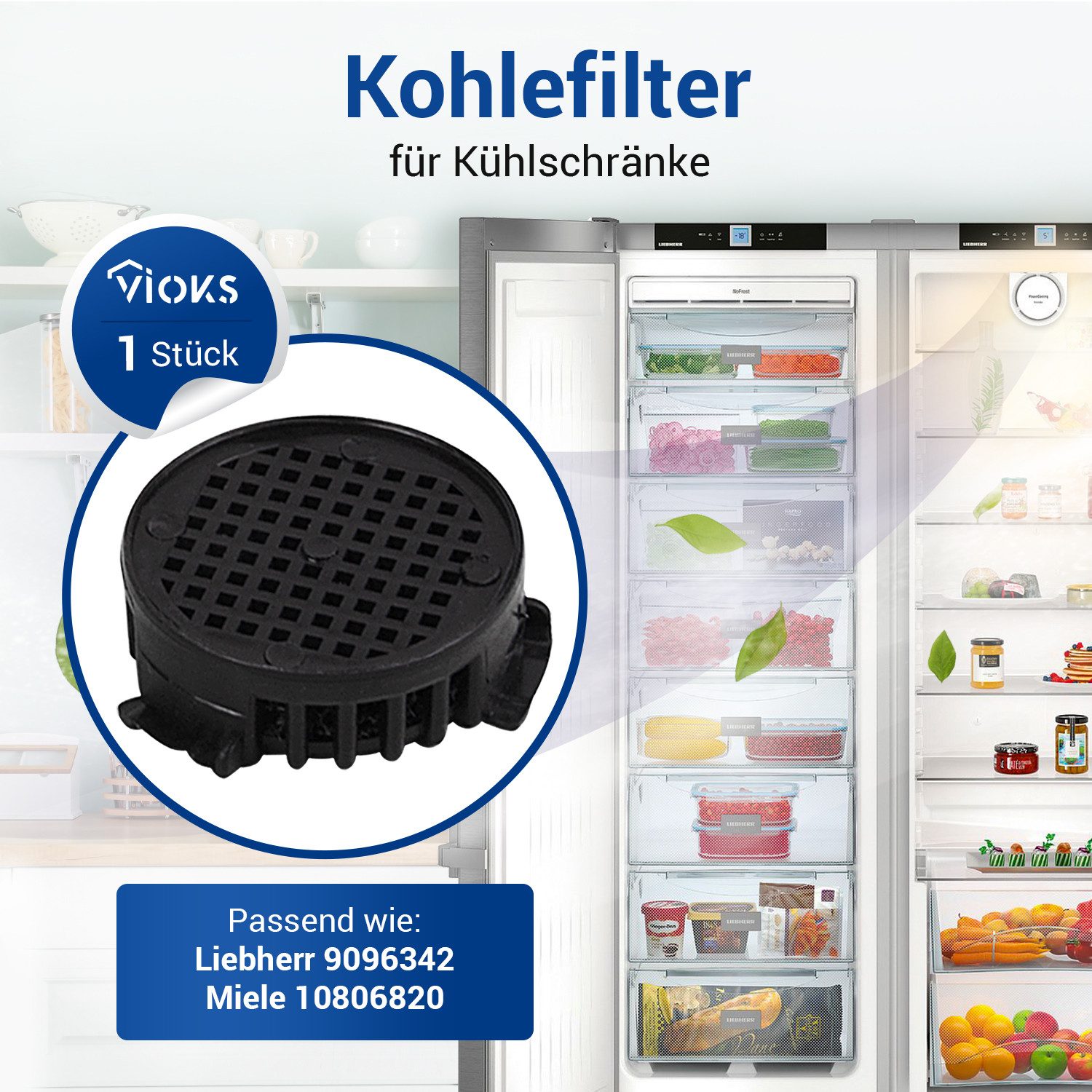 VIOKS Kohlefilter Aktivkohlefilter Ersatz für Liebherr 9096342 45mmØ, Zubehör für KühlGefrierKombination