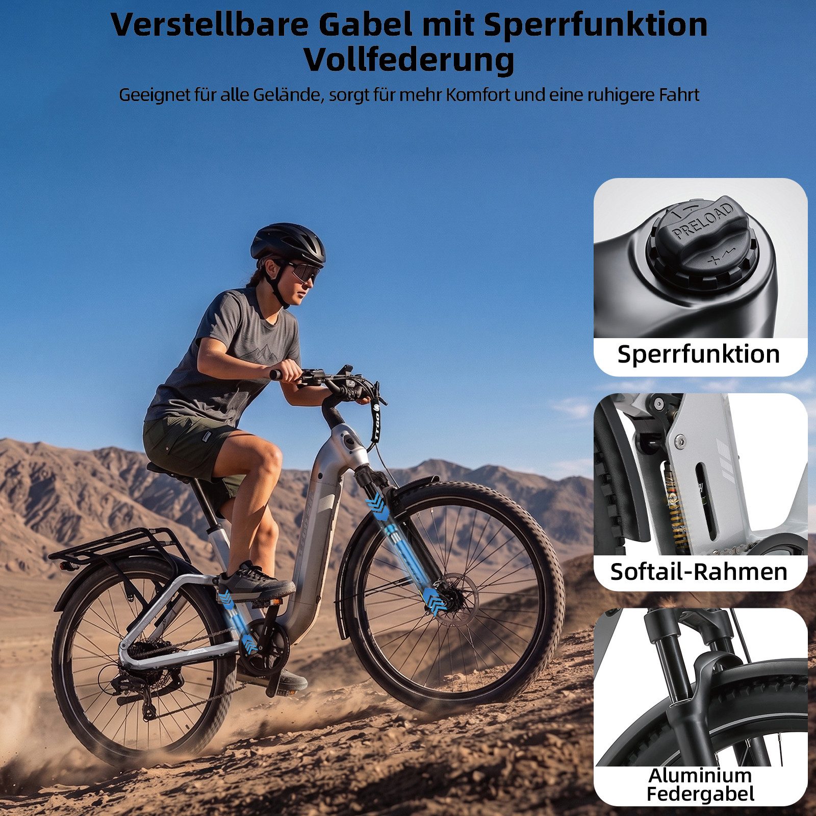 TTGO E-Bike Cityrad 28 Zoll Damen Herren, SUV, Fully, 48V 720Wh bis zu 140km, Bremslicht, 7 Gang Shimano ARDTY300D Schaltwerk, Kettenschaltung, Heckmotor, 720 Wh, (Lockout-Federgabel, Softtail, Farb-LCD-Display, Drehmomentsensor), Vollfederung, Elektrofahrrad mit Tiefeinstieg, Trekkingrad, Pedelec