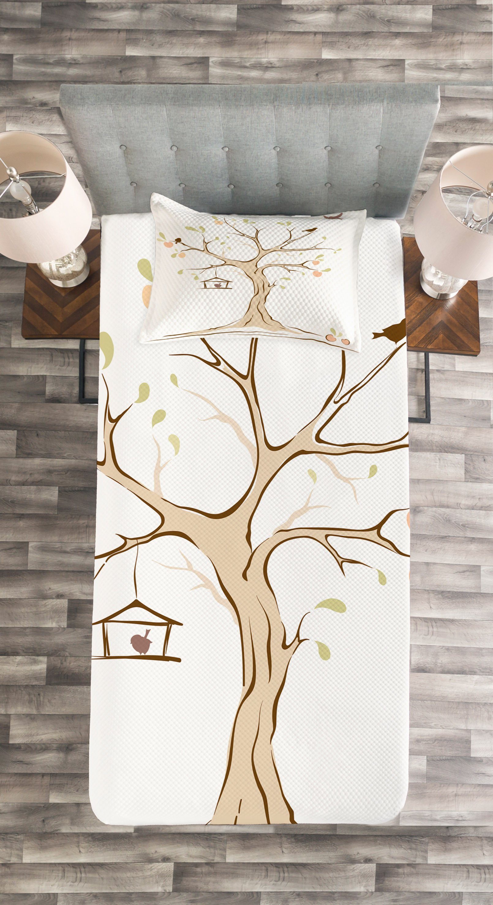 Waschbar, Set Tagesdecke Baum Apple-Flying Kissenbezügen Abakuhaus, mit Birds Kunst