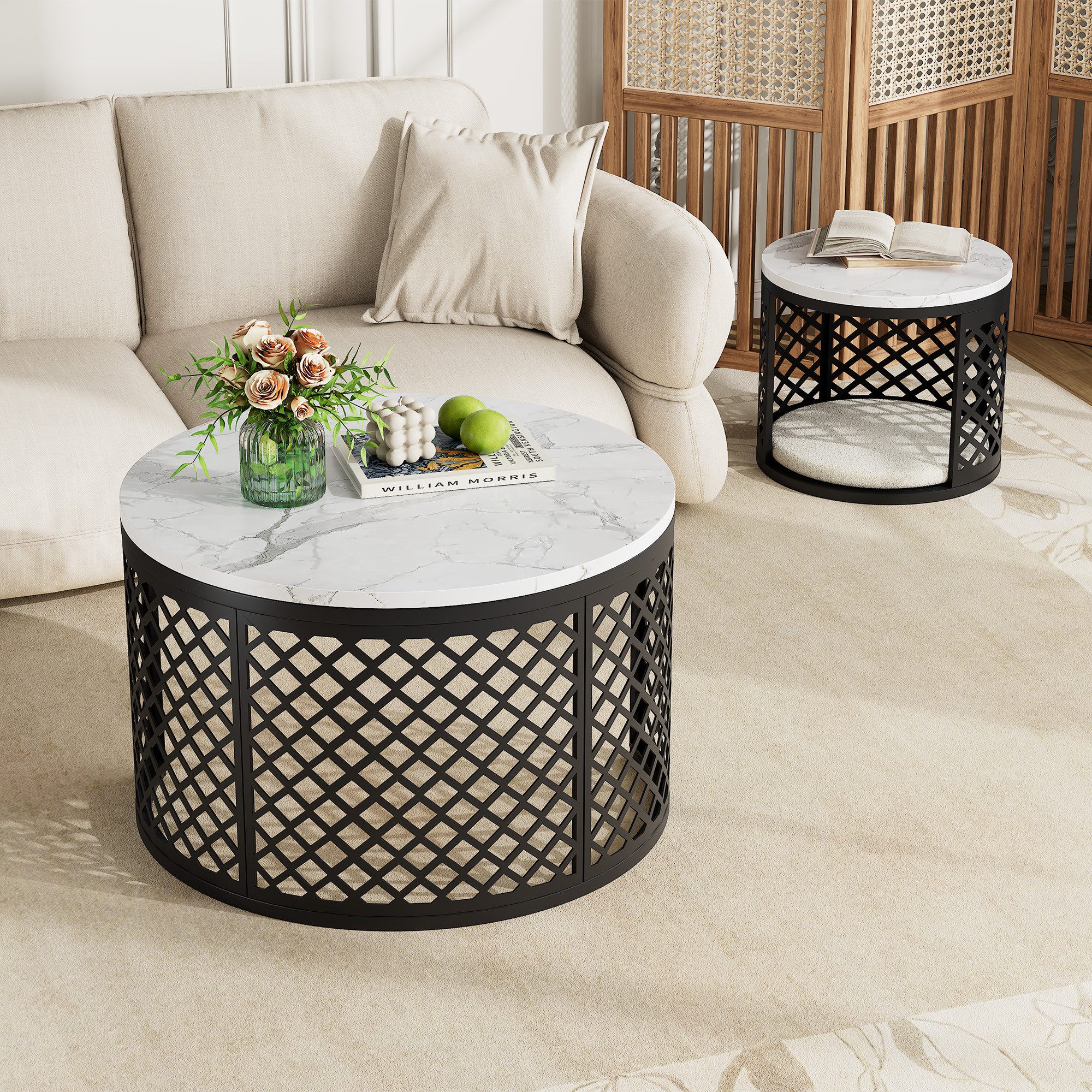 MODFU Couchtisch Set 2-tlg 70x45 / 45x35 cm Marmor Metallgitter schwarz (Packung, 2-St., Robuste geschweißte Metallkonstruktion, hohe Tragkraft bis 100 kg), Platzsparendes Nesting-Design mit Unterstellfunktion und Ablagefläche