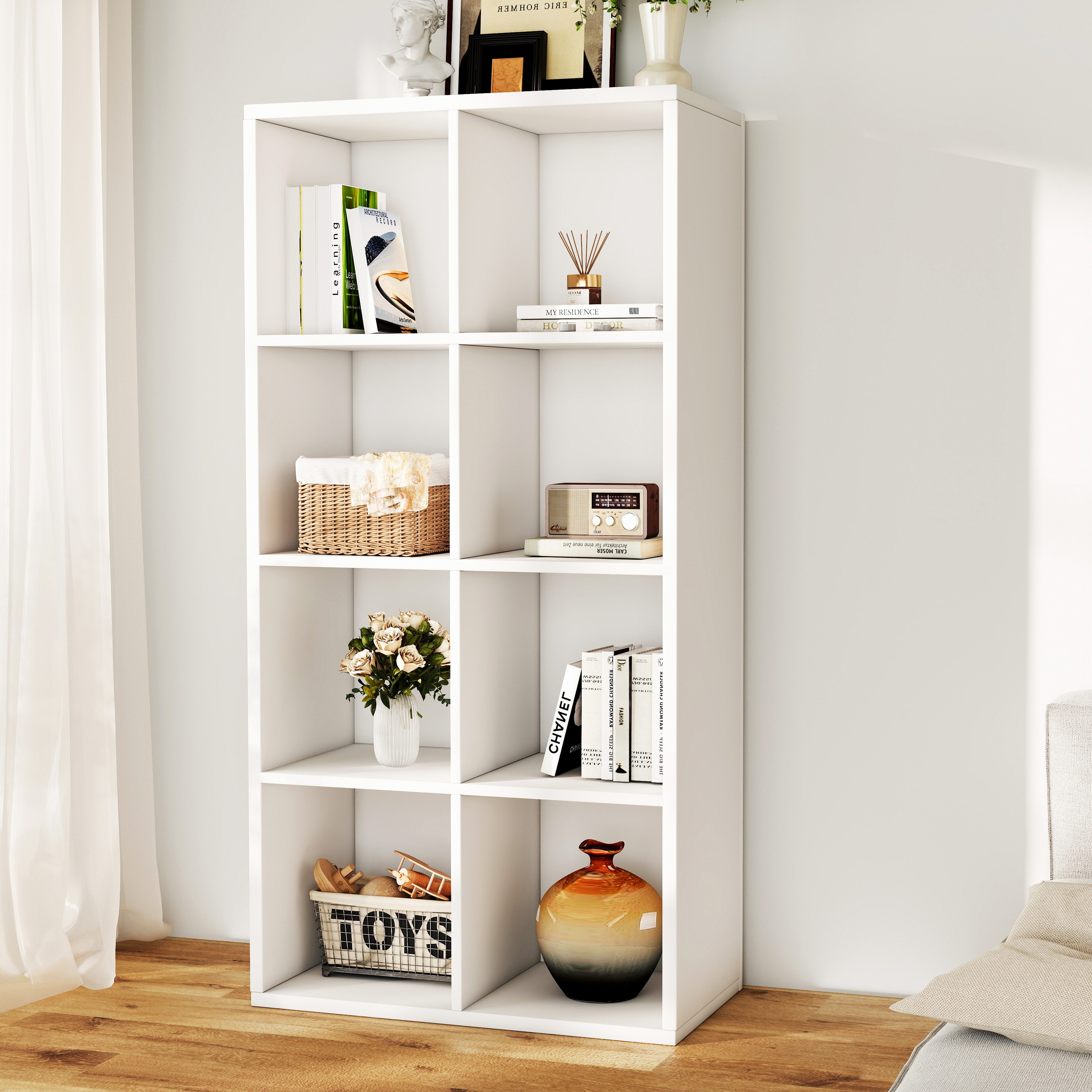 oyajia Bücherregal Bücherschrank, Würfelregal, Standregal, Standregal, Bücherschrank aus Holz mit 8 Fächer, Weiß