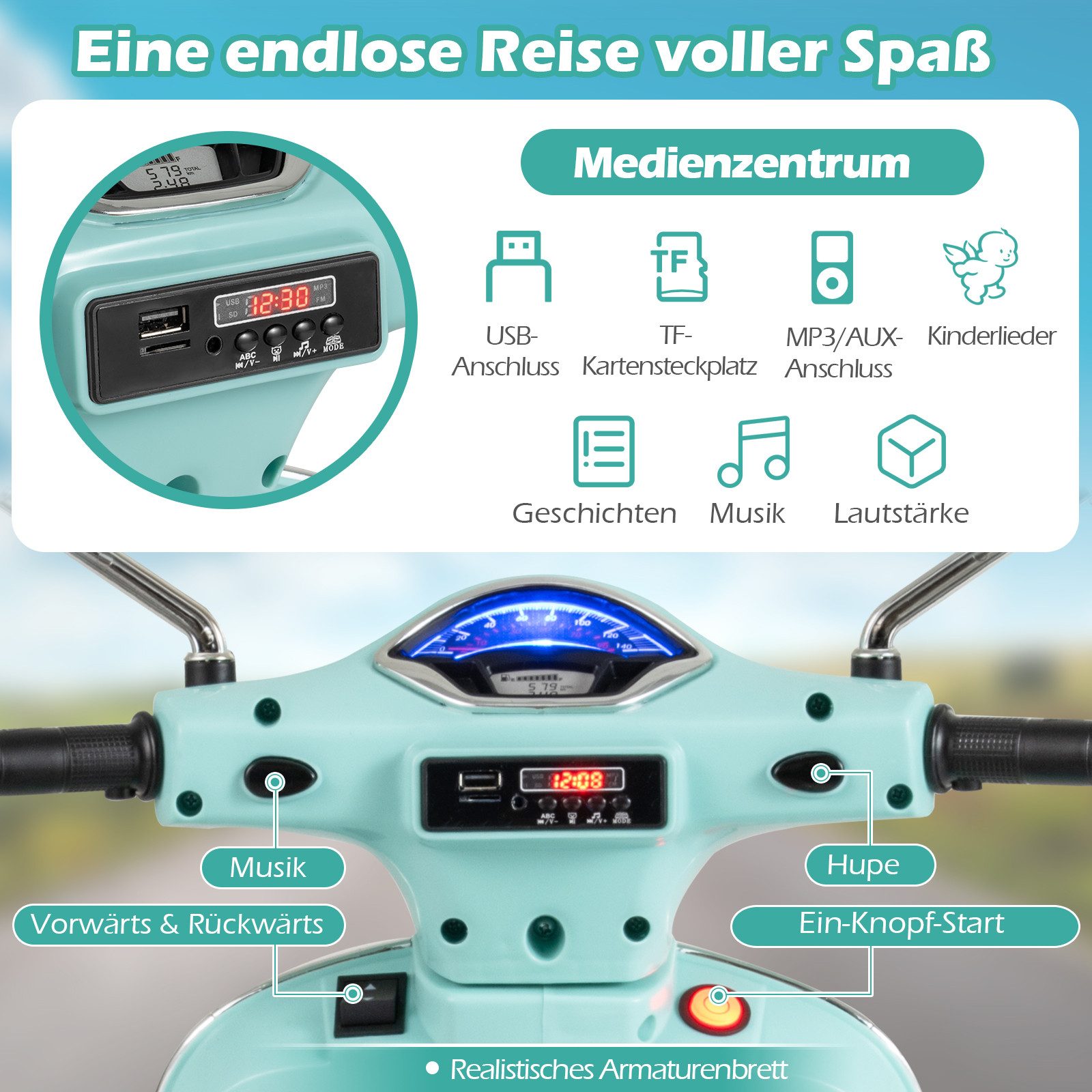 COSTWAY Elektro-Kindermotorrad, Belastbarkeit 30 kg, (1-tlg), 12V Motorrad mit LED-Scheinwerfer & Hupe, 2-3 km/h