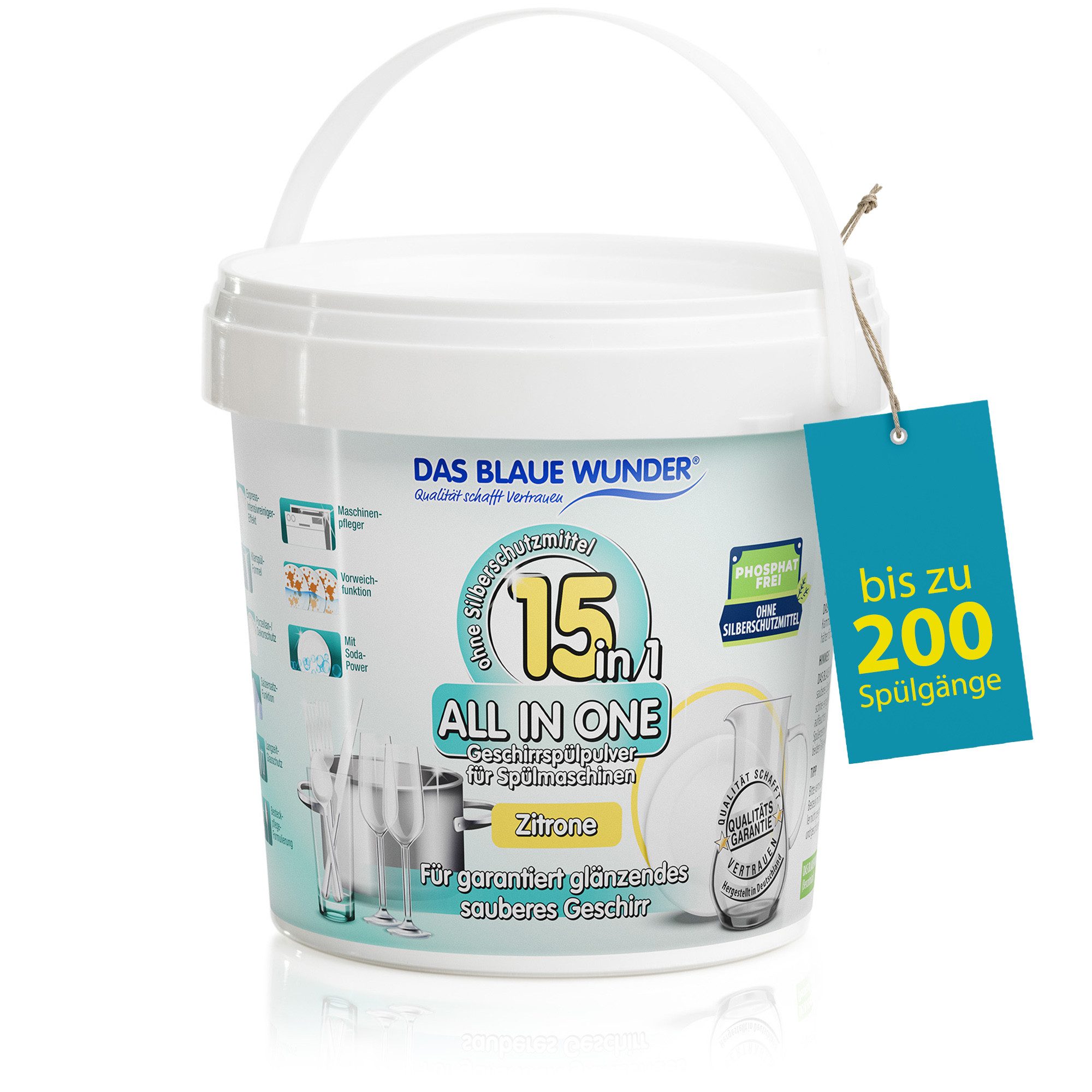 Das Blaue Wunder® All in One 15in1 Geschirrspülpulver phosphatfrei Spülmaschinenpulver (Bis zu 200 Spülgänge, 15 Funktionen mit Soda Power Effekt, 1.000 g)