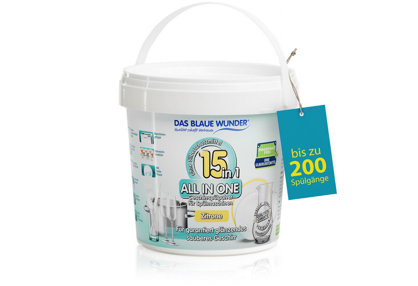 Das Blaue Wunder® All in One 15in1 Geschirrspülpulver phosphatfrei Spülmaschinenpulver (Bis zu 200 Spülgänge, 15 Funktionen mit Soda Power Effekt, 1.000 g)