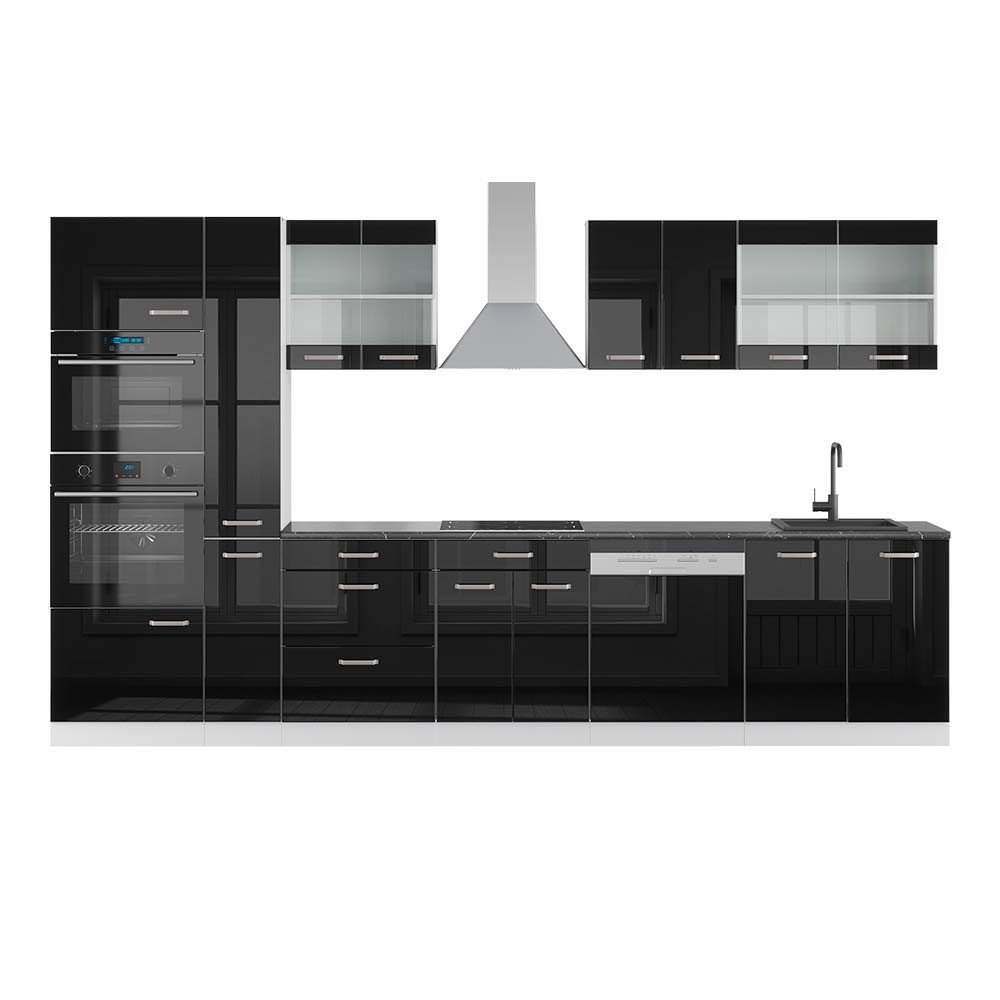 Vicco Küchenzeile R-Line, Schwarz Hochglanz/Weiß, 350 cm mit Hochschrank, AP Anthrazit