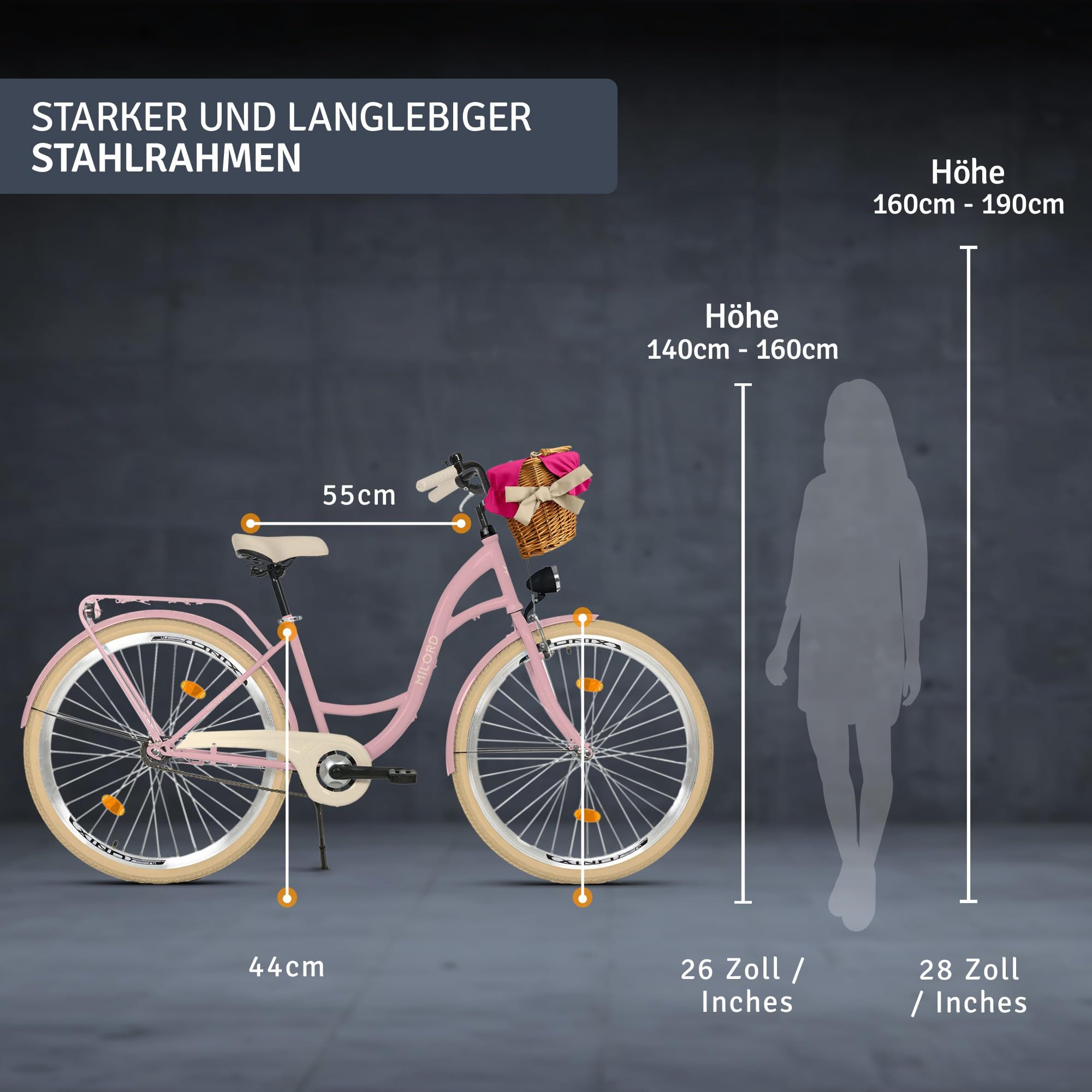 Milord Cityrad Milord City Fahrrad Weidenkorb Damen, 28/26 Zoll, Rosa-Creme, 1-Gang, 1 Gang, (Fahrradständer, Gepäckträger, Klingel, Korb, Kotflügel)
