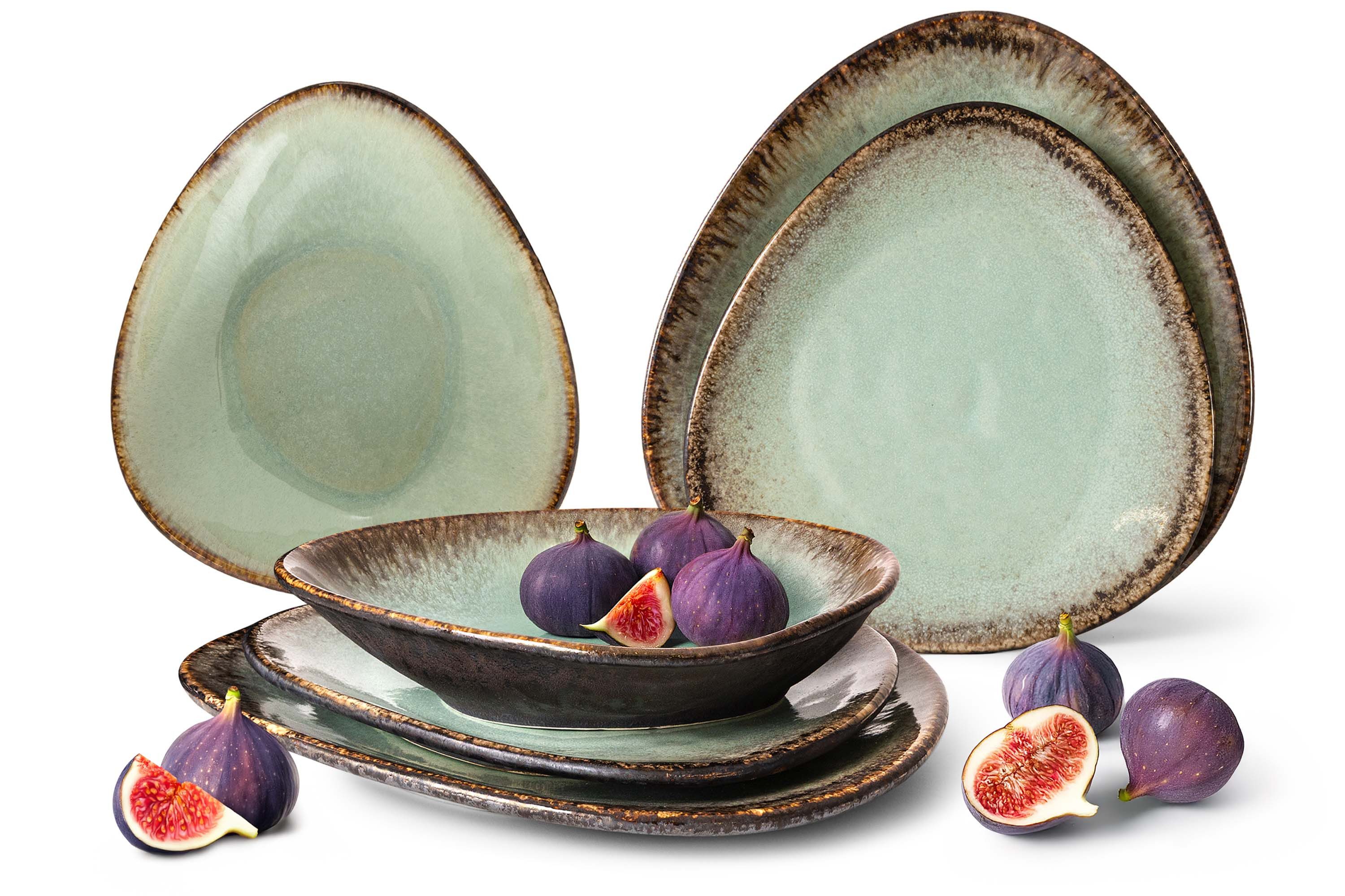 KONSIMO® Tafelservice PRIMA Geschirr-Set für zwei Personen, Premiumqualität aus EU (6-tlg), 2 Personen, Keramik, Jedes Teil ein Unikat, organisch Form, salbeifarben