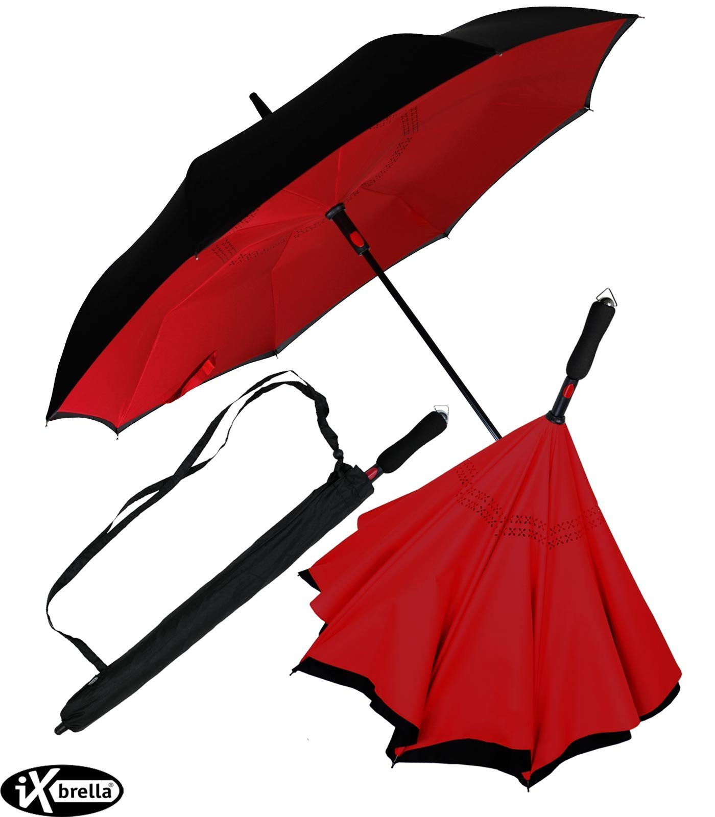 iX-brella Langregenschirm Reverse-Schirm - umgedreht zu öffnen mit Automatik, umgedreht schwarz-dunkelrot