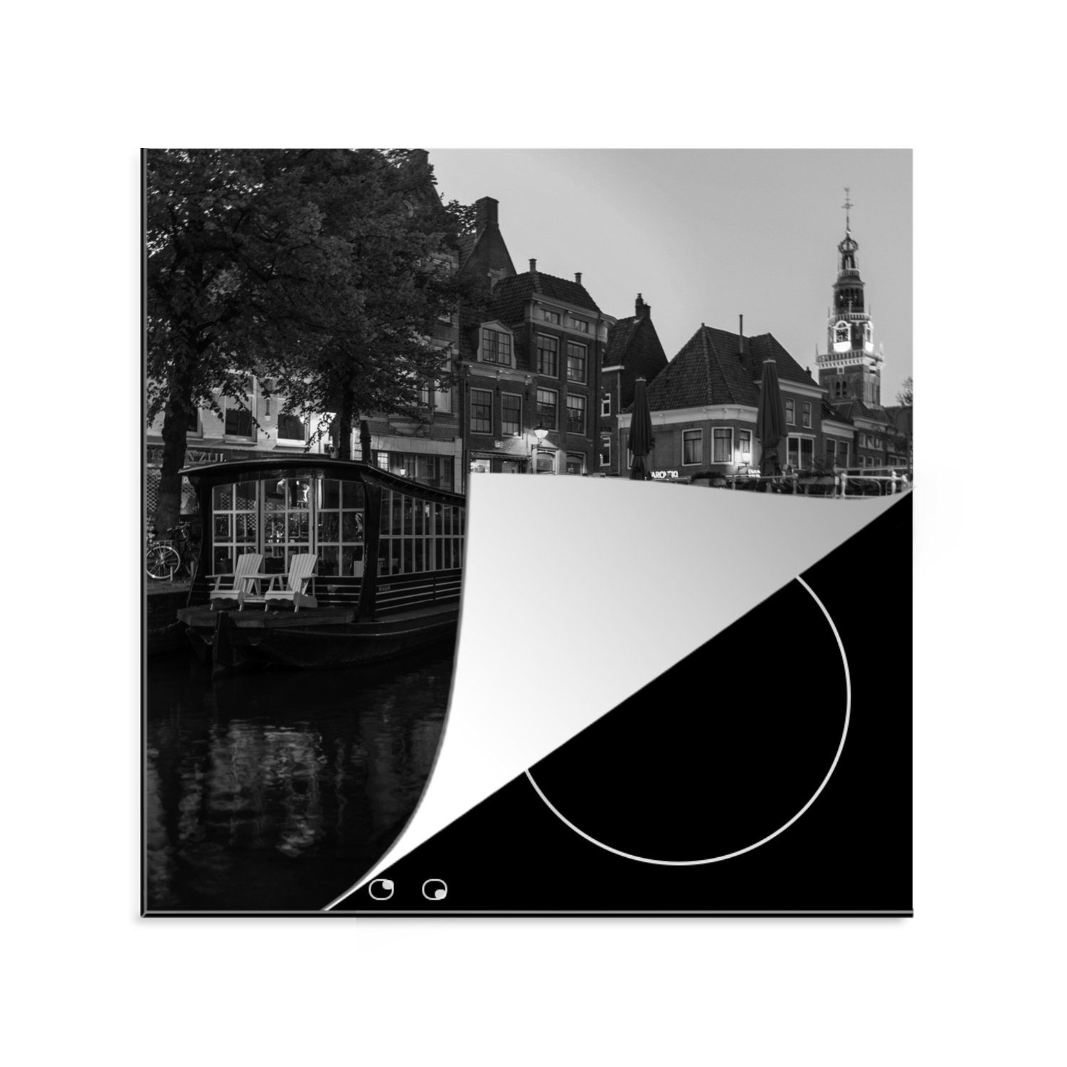 MuchoWow Herdblende-/Abdeckplatte Alkmaar - Brücke - Schwarz und Weiß, Vinyl, (1 tlg), 78x78 cm, Ceranfeldabdeckung, Arbeitsplatte für küche