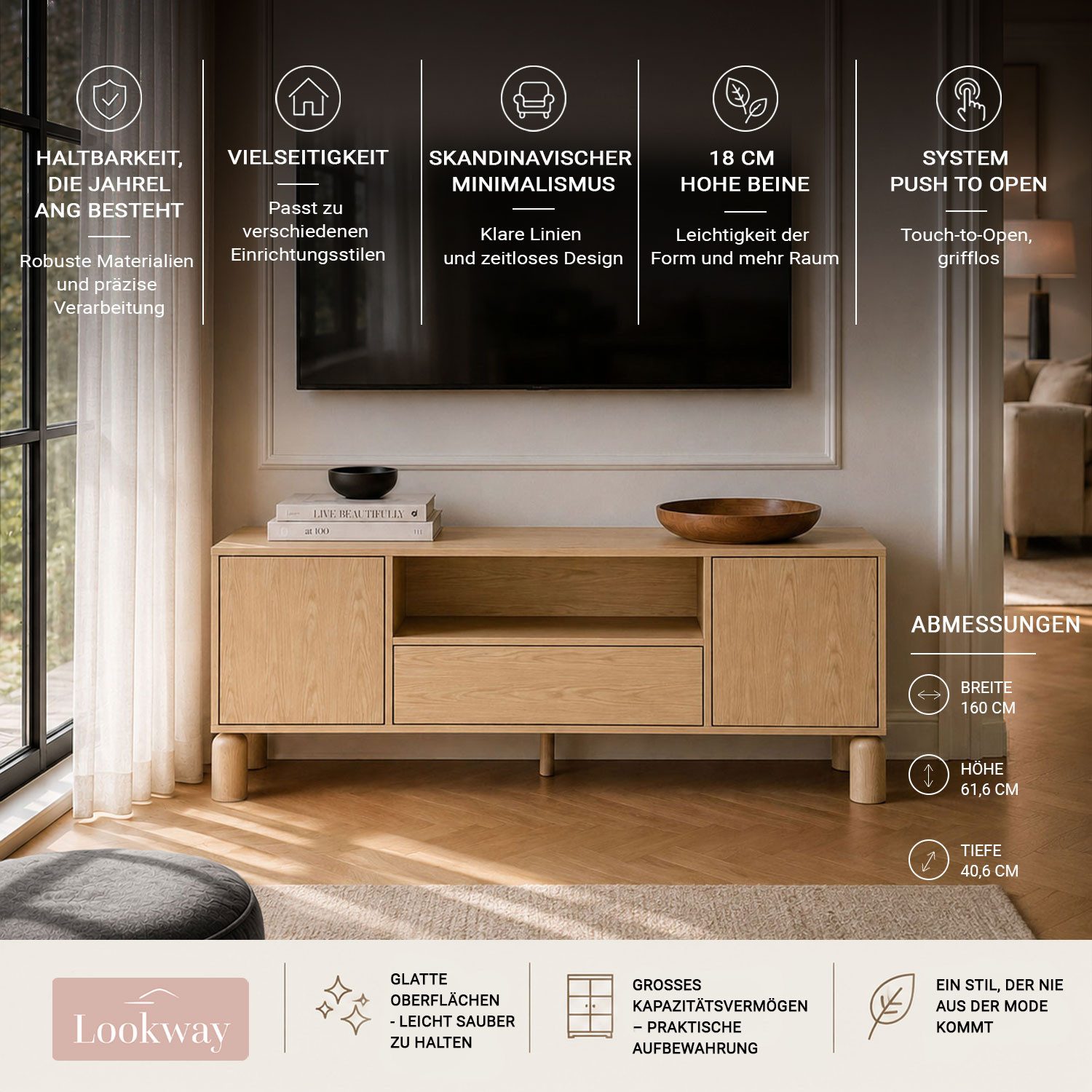 Lookway TV-Schrank LINDEN mit offenem Regal und Schublade Breite: 160 cm
