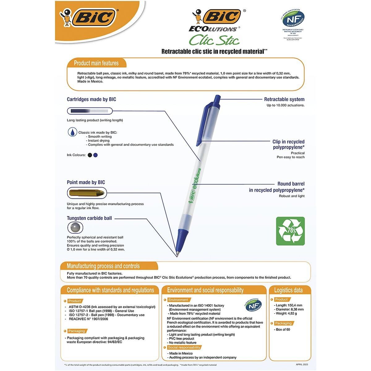 BIC Kugelschreiber Ecolutions Clic Stic, zu 62% aus recyceltem Material