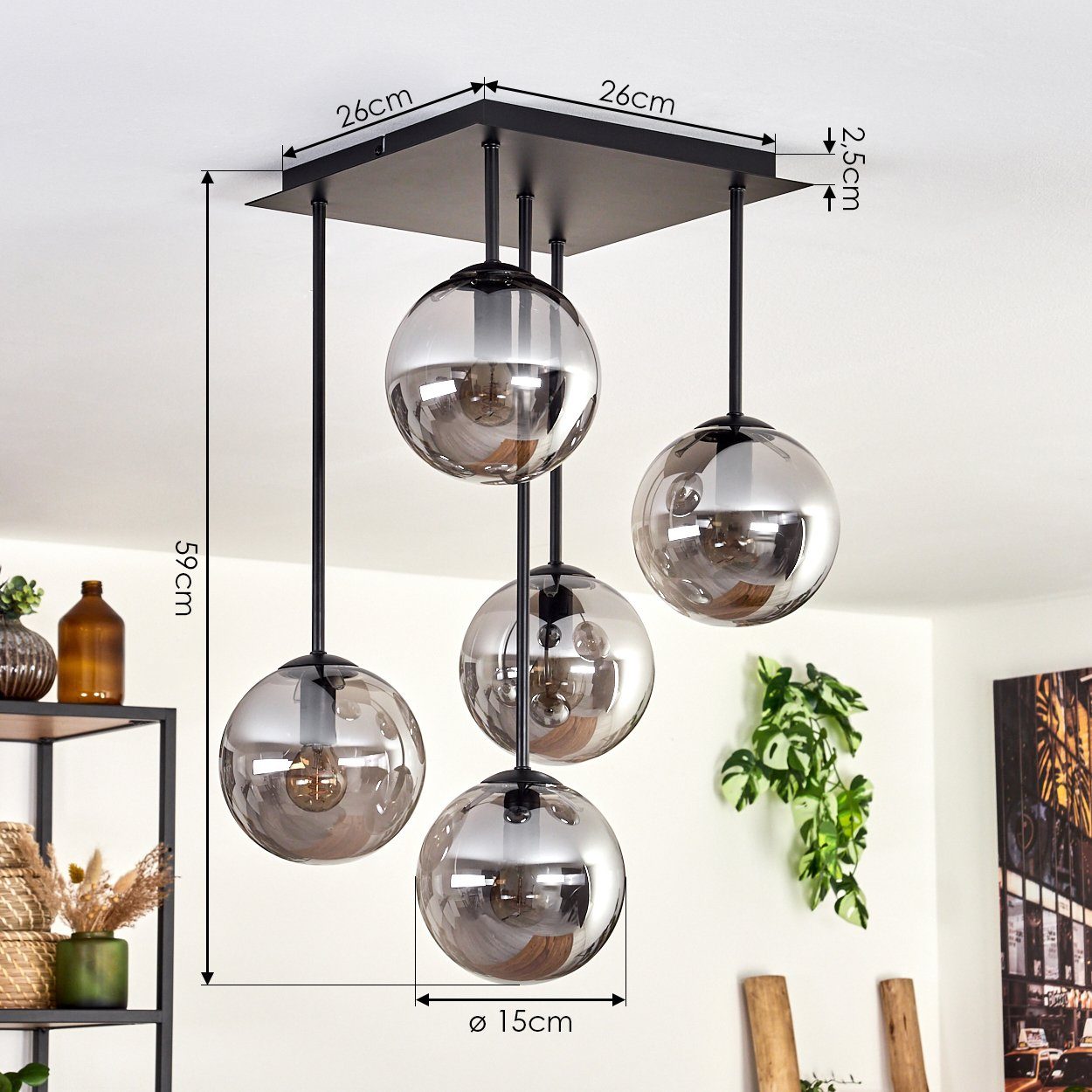 hofstein Deckenleuchte Deckenlampe aus Metall/Glas in Schwarz/Rauchfarben, ohne Leuchtmittel, moderne Leuchte mit Glasschirmen (15 cm), 5 x E14, ohne Leuchtmitt – Bild 4 von 5