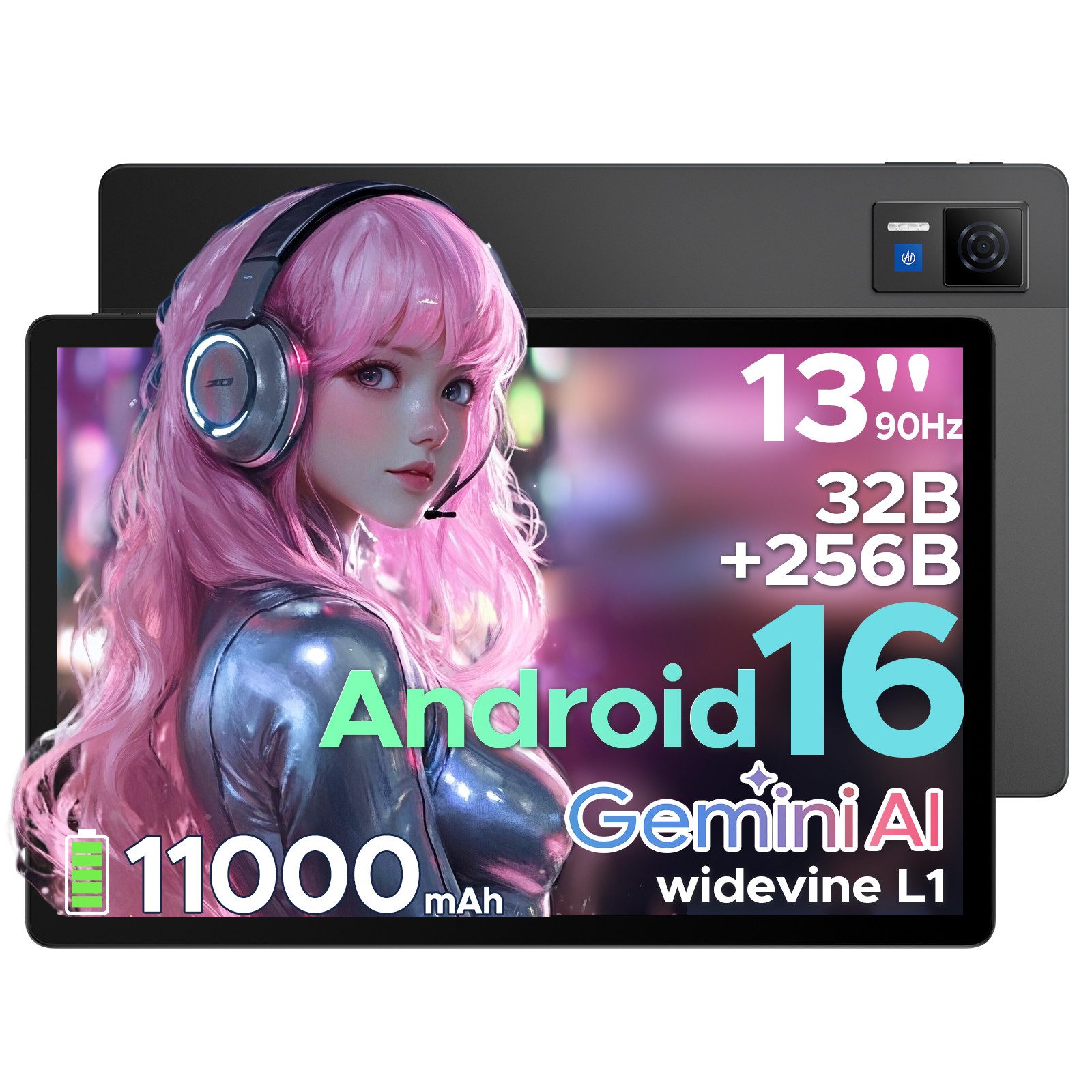 DOOGEE U13 Android 16 11000mAh Tablet 13 Zoll FHD+ 90Hz Display 6GB+256GB Tablet (13", Android 16, 13MP+8MP Kameras, ultradünn 7,8mm, WiFi5, GPS, Face ID, OTG, FM)