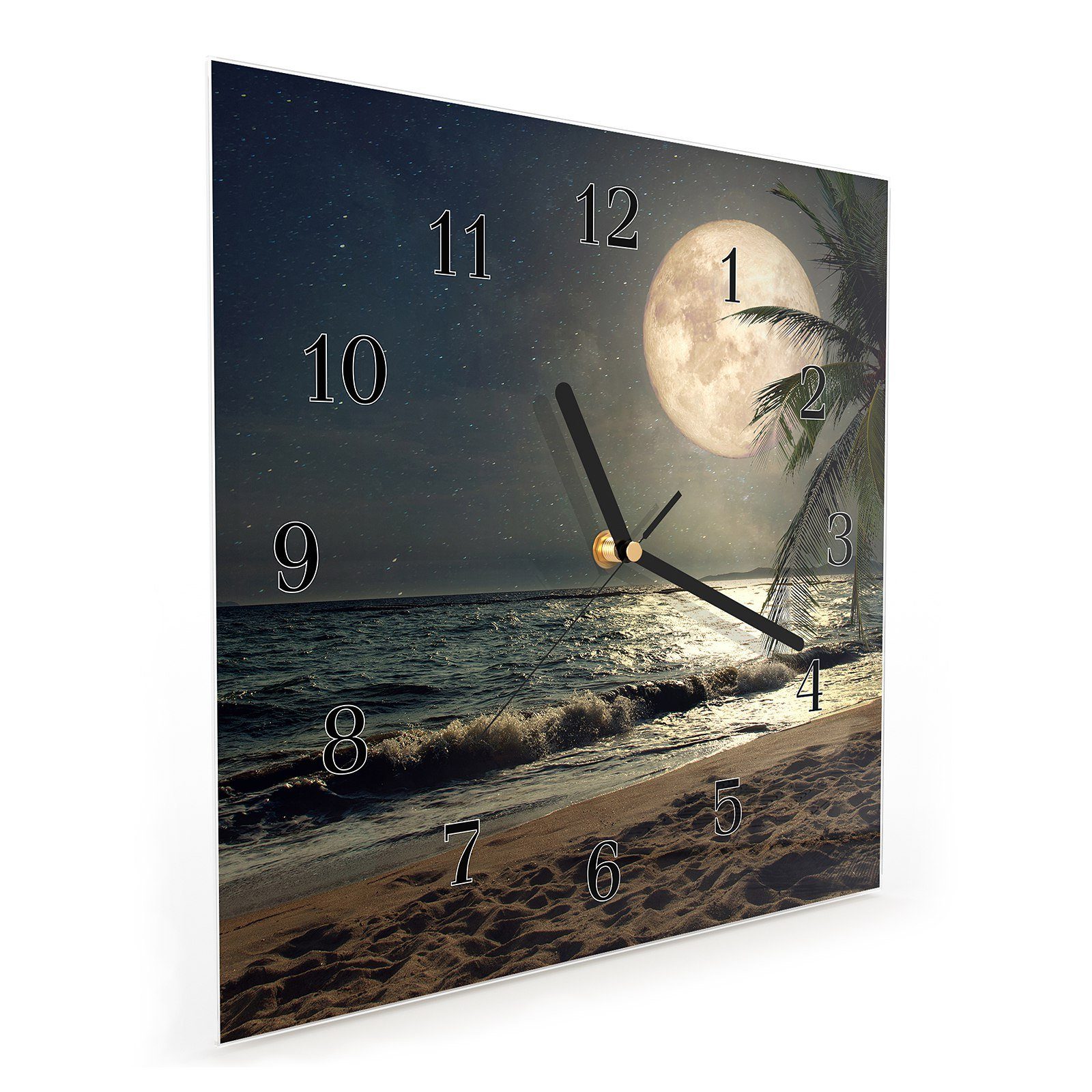 Motiv Größe Strand Wandkunst Primedeco Nacht 30 mit bei Glasuhr 30 mit Mond cm x Wanduhr Wanduhr