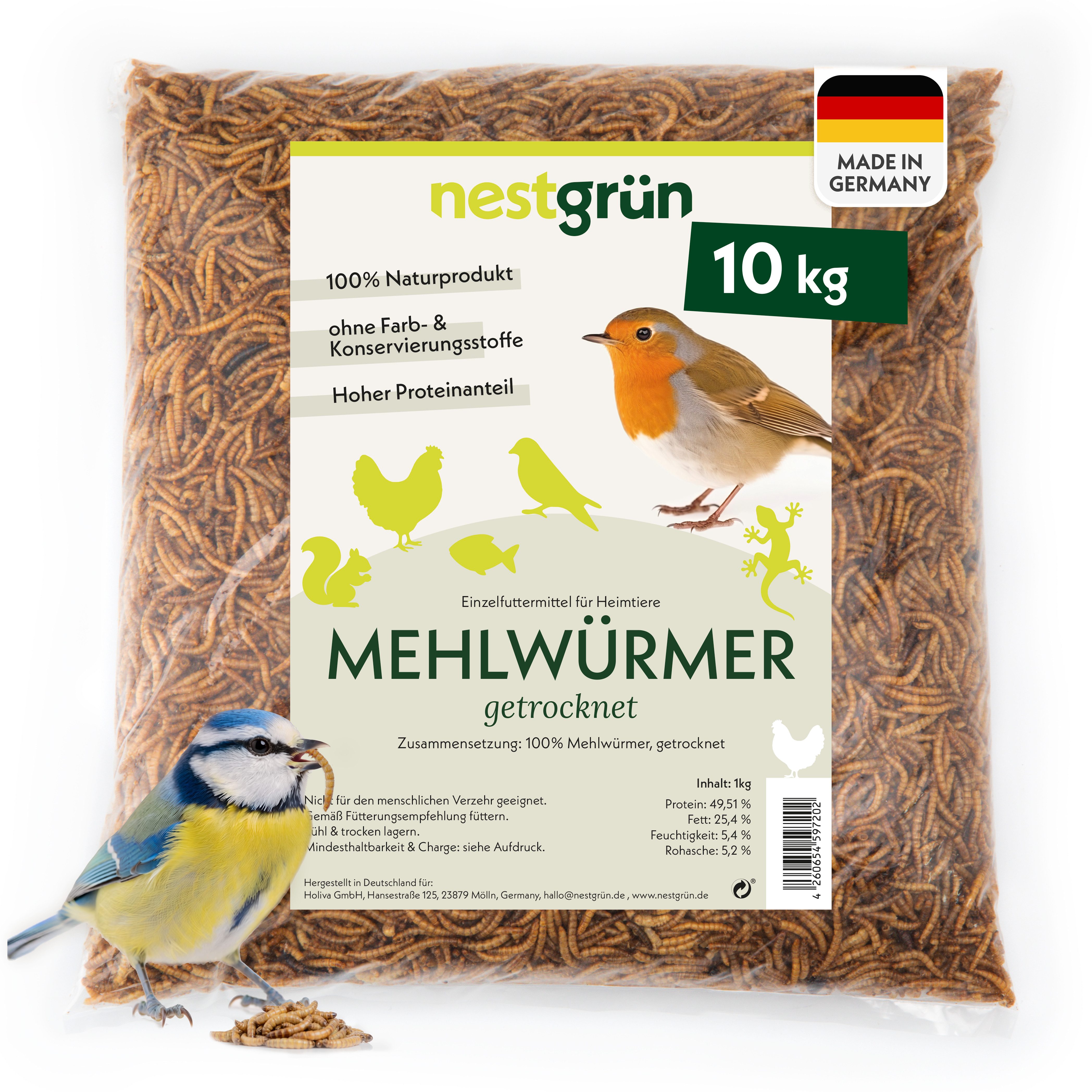 Nestgrün Mehlwürmer getrocknet, Snack für: Reptilien, Fische, Wildvögel, Igel, Hühner, Eichhörnchen, proteinreicher Snack, 100% natürlich