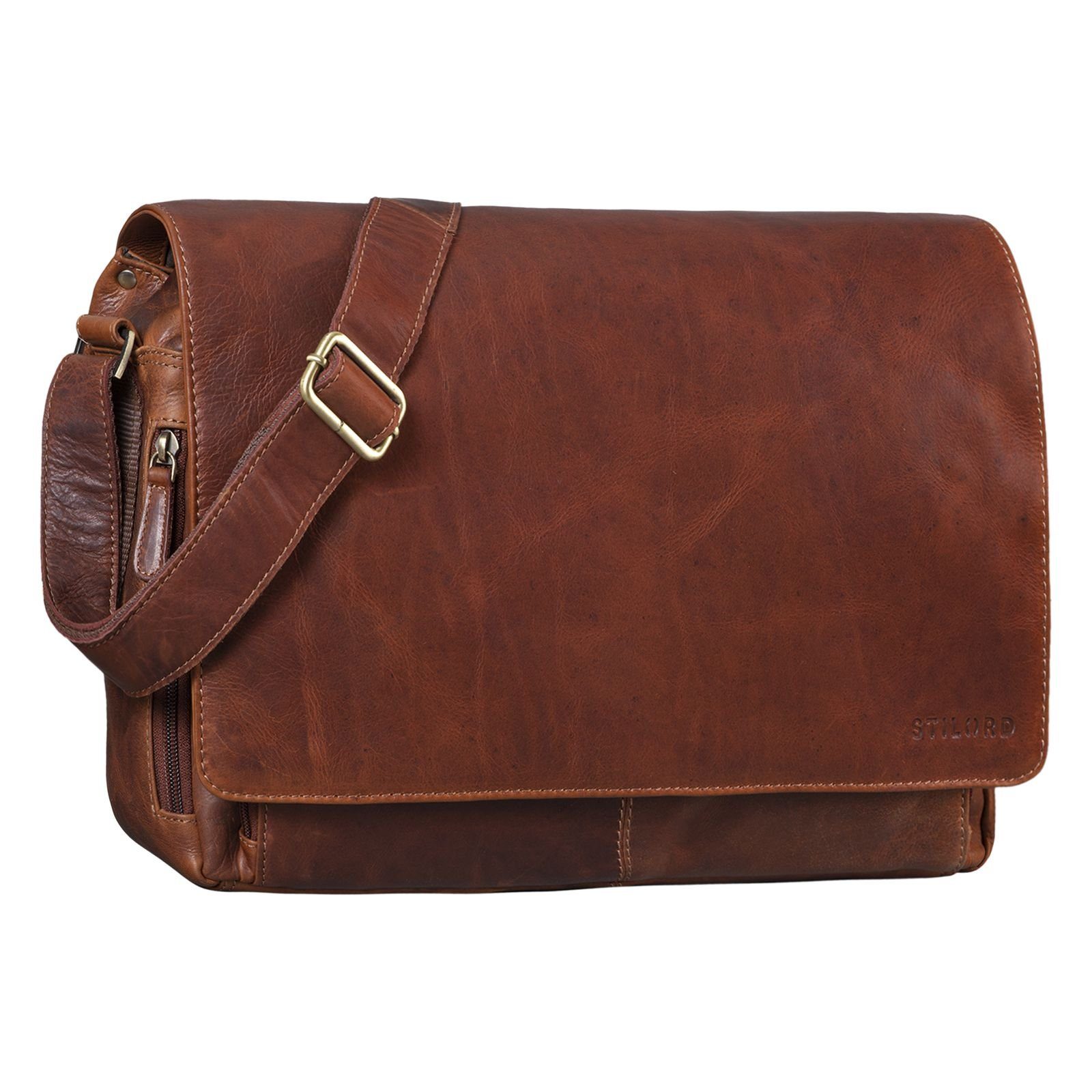 Voller Informationen zum Versandhandel! STILORD Laptoptasche "Tom" Vintage - cognac Leder Umhängetasche porto