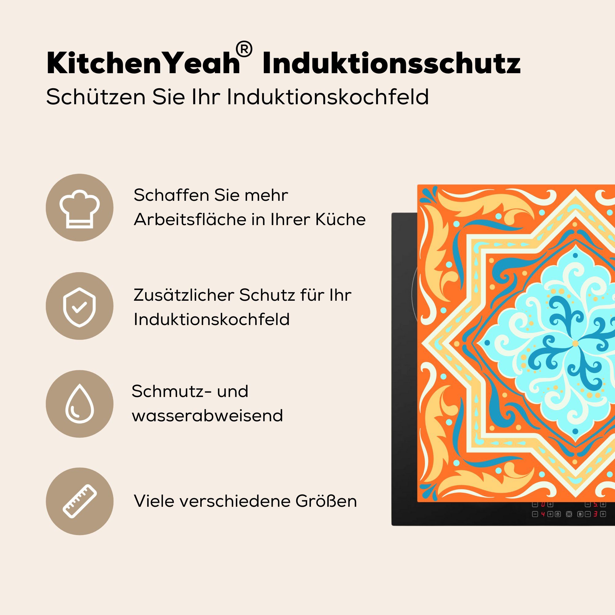 Vinyl, für - Ceranfeldabdeckung, Arbeitsplatte 78x78 MuchoWow Herdblende-/Abdeckplatte Blau Formen Geometrische küche (1 - tlg), cm, Orange,