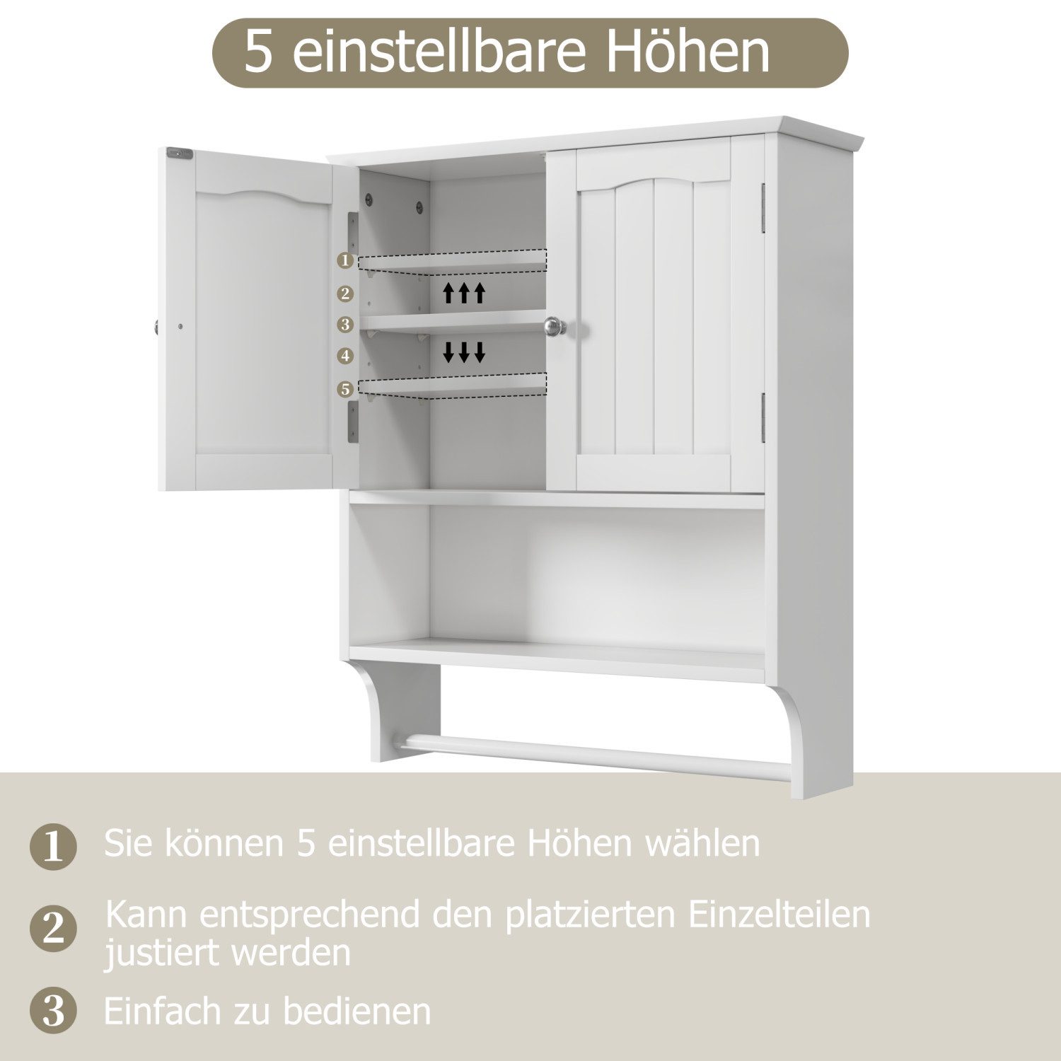 ANYSUN Hängeschrank Wandschrank mit 2 Türen,Stauraum,Bad-Hängeschrank mit Handtuchhalter (1-St., Einzelstück) mit herausnehmbaren Einlegeböden,5 einstellbare Hö – Bild 2 von 5