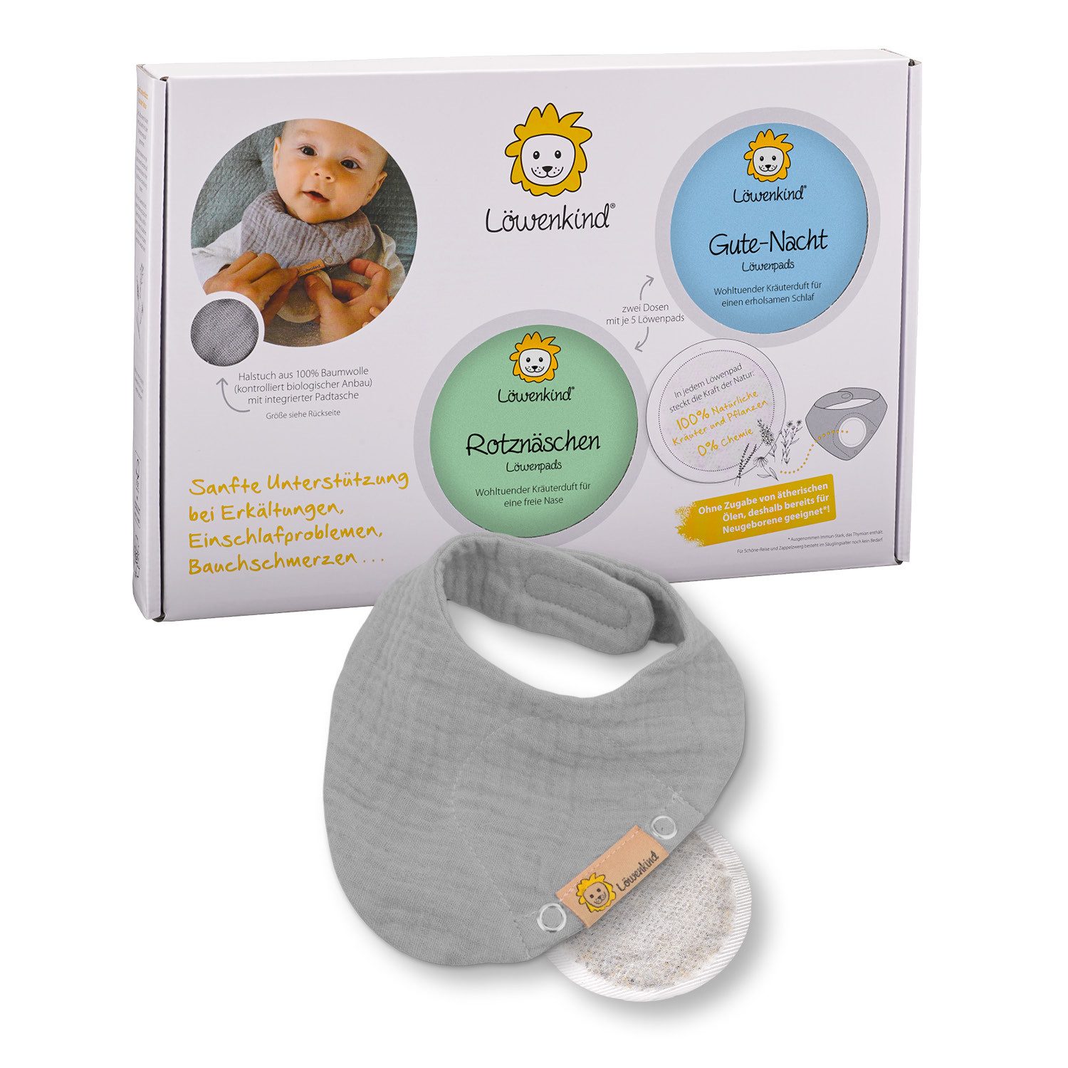 Löwenkind Neugeborenen-Geschenkset Einsteigerbox mit Halstuch, Gute-Nacht- und Rotznäschen-Pads (Einsteiger-Set, 3-tlg., Musselin-Halstuch, Rotznäschen-Pad, Gute-Nacht-Pad) Sanfte Unterstützung aus der Natur