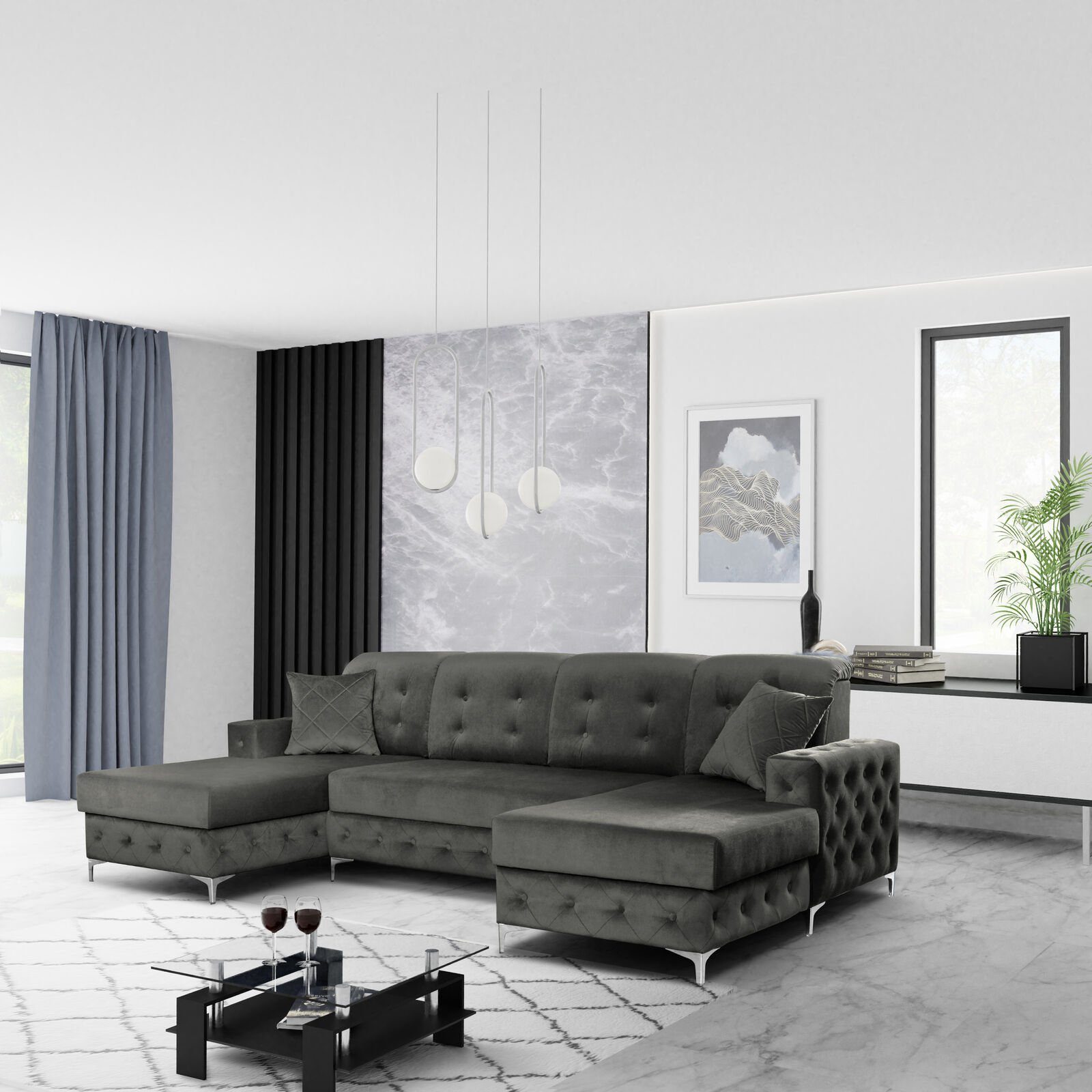 JVmoebel Ecksofa, Design Ecksofa Polsterung Neu Textil Grau Holz Luxus Sofas Möbel Sofa
